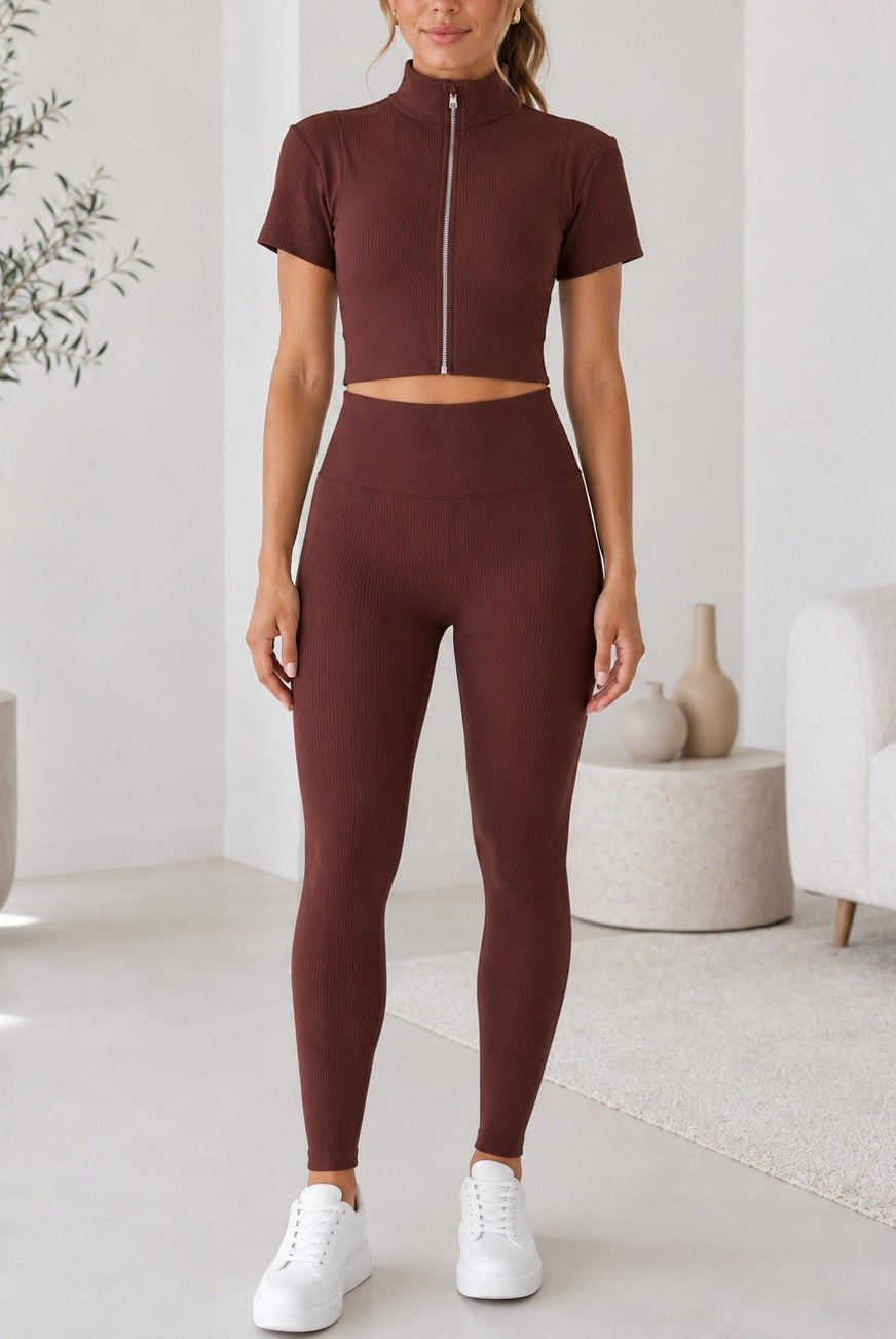 Ladies Brown Zip Up Two-Piece Activewear Set - StylePhase SA