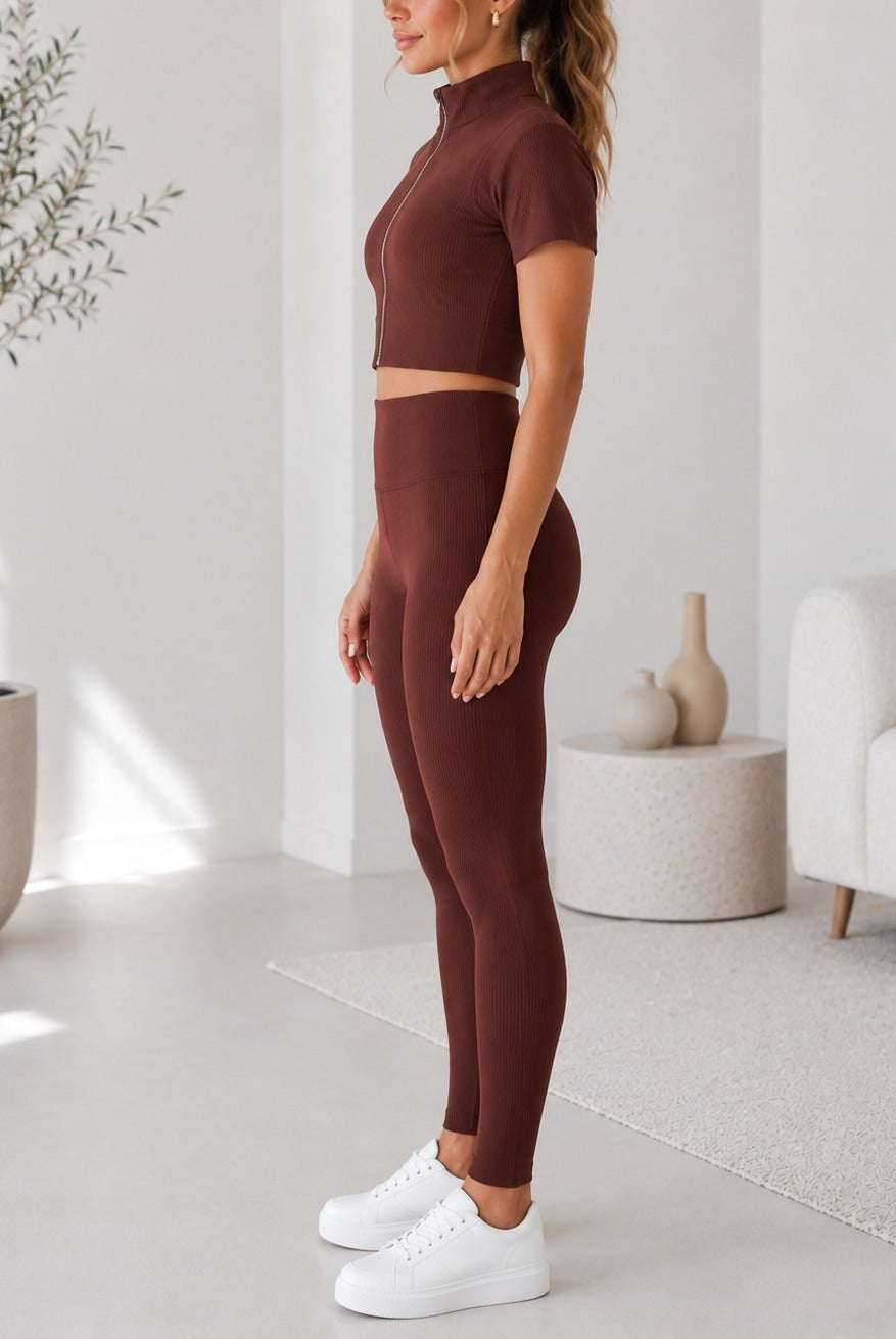 Ladies Brown Zip Up Two-Piece Activewear Set - StylePhase SA