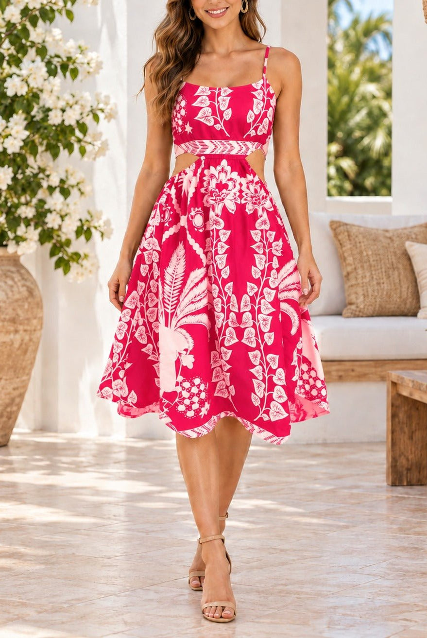 Ladies Cerise Floral Cut Out Detail Dress - StylePhase SA