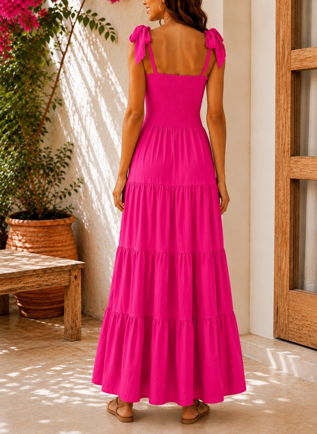 Ladies Cerise Tie Shoulder Tiered Maxi Dress - StylePhase SA