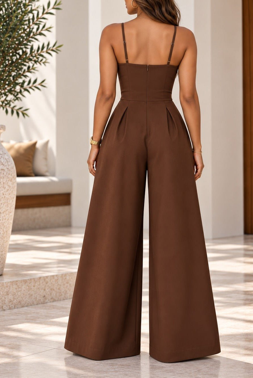 Ladies Coffee Brown Pleated Wide Leg Button Detail Jumpsuit - StylePhase SA