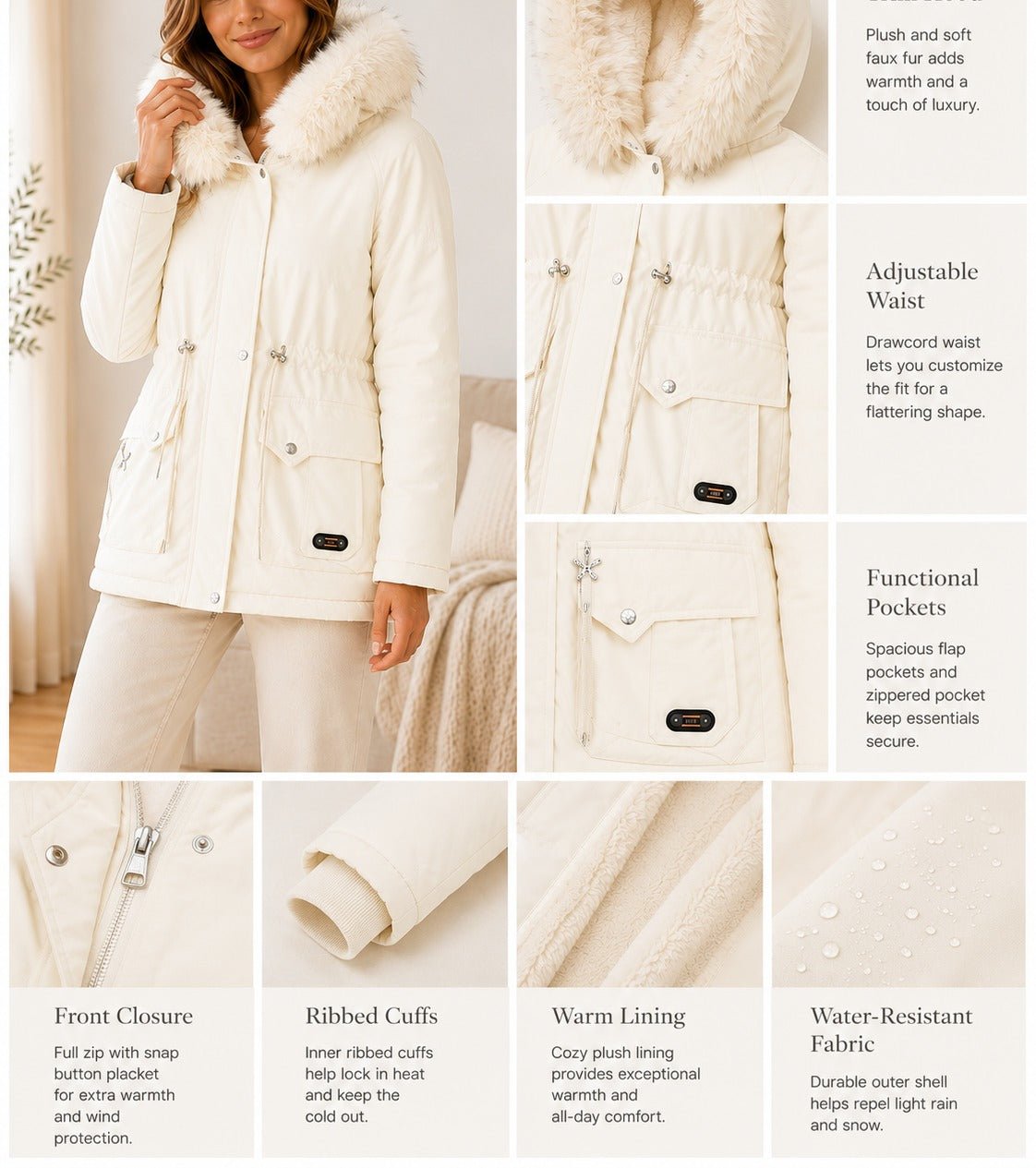 Ladies Cream Faux Fur Trim Hoody Jacket - StylePhase SA