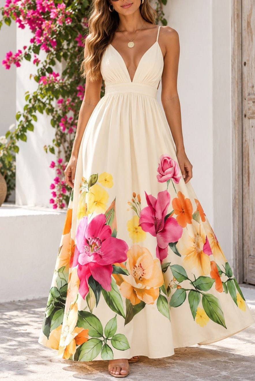 Ladies Cream Floral Deep V-Neck Maxi Dress - StylePhase SA