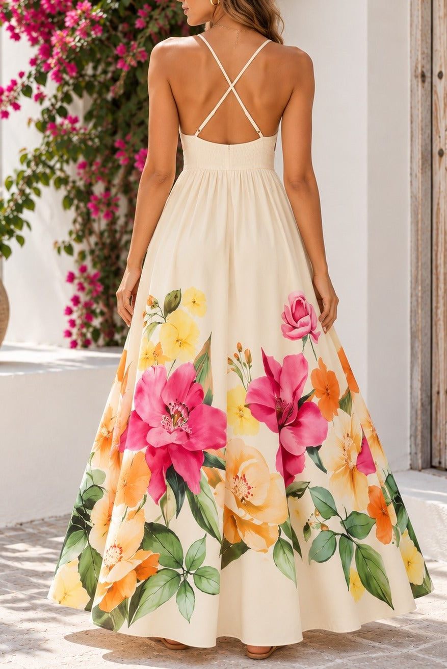 Ladies Cream Floral Deep V-Neck Maxi Dress - StylePhase SA