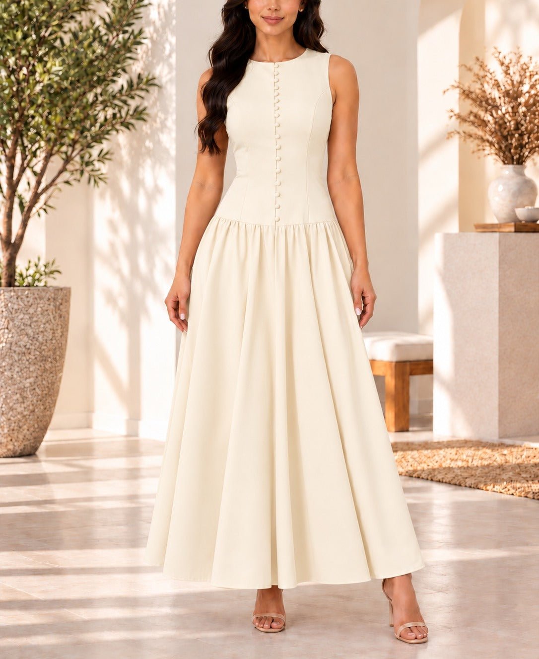 Ladies Cream Zip Back Button Front Dress - StylePhase SA