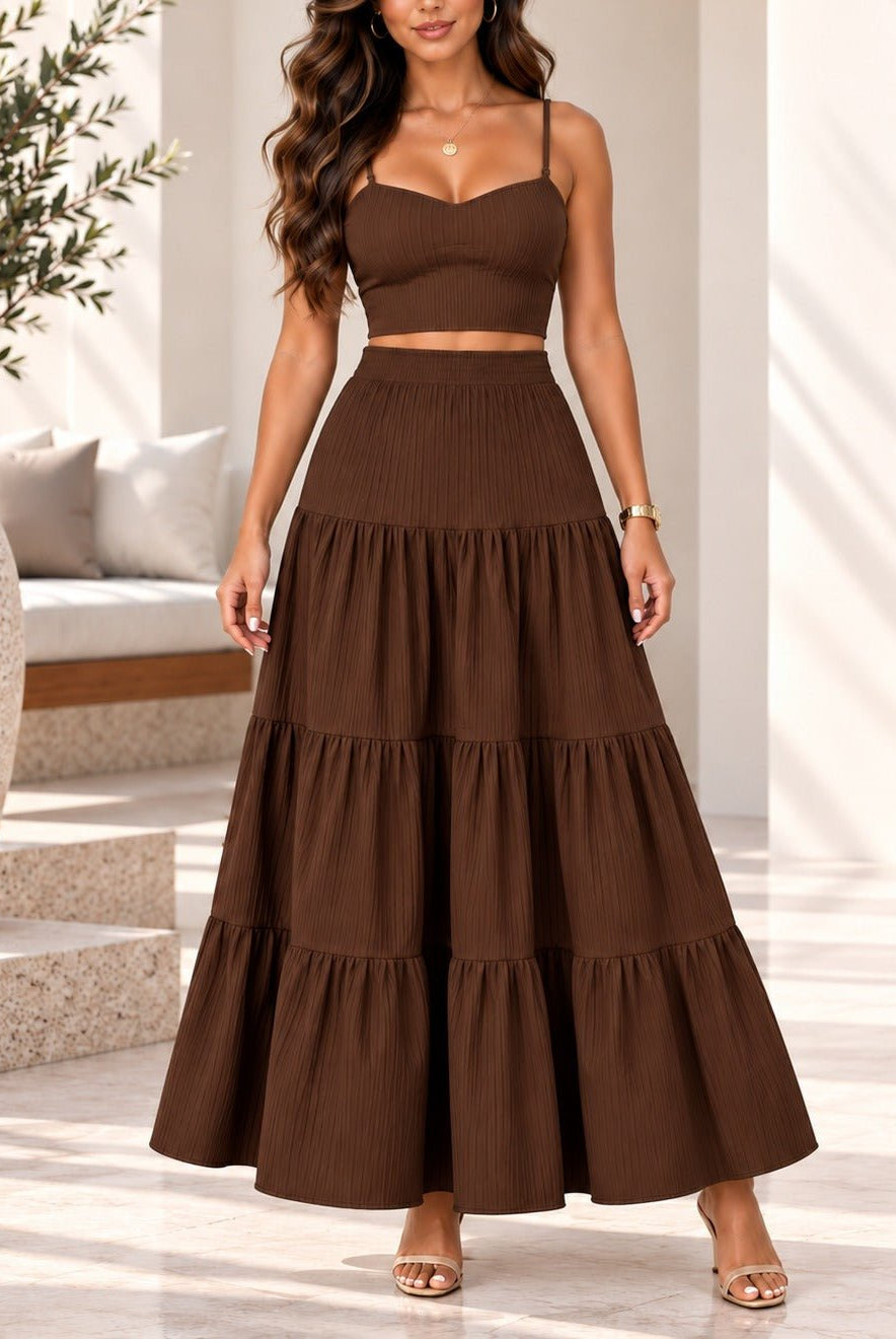 Ladies Dark Brown Crop Cami And Tiered Maxi Skirt - StylePhase SA