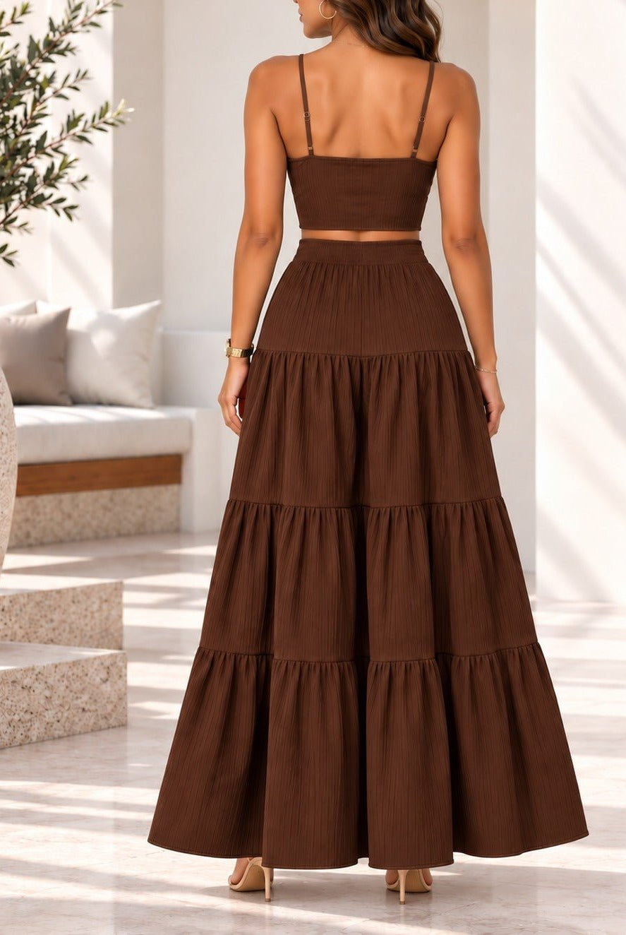 Ladies Dark Brown Crop Cami And Tiered Maxi Skirt - StylePhase SA