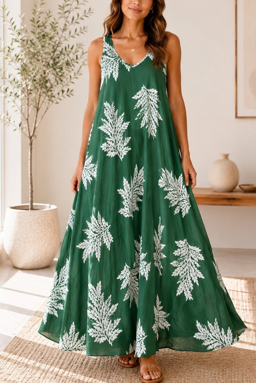 Ladies Fern Print Maxi Dress -Dark Green - StylePhase SA