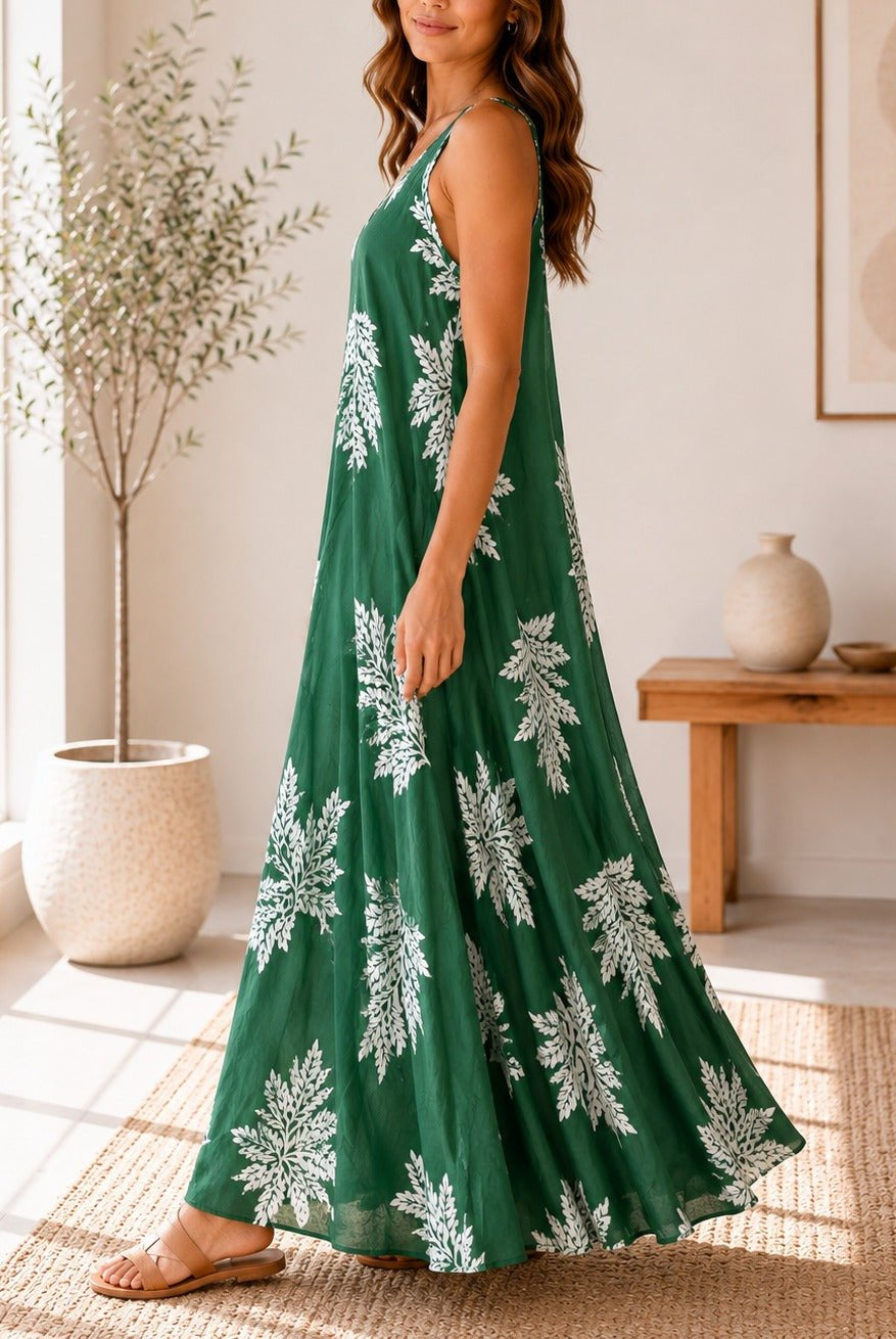 Ladies Fern Print Maxi Dress -Dark Green - StylePhase SA