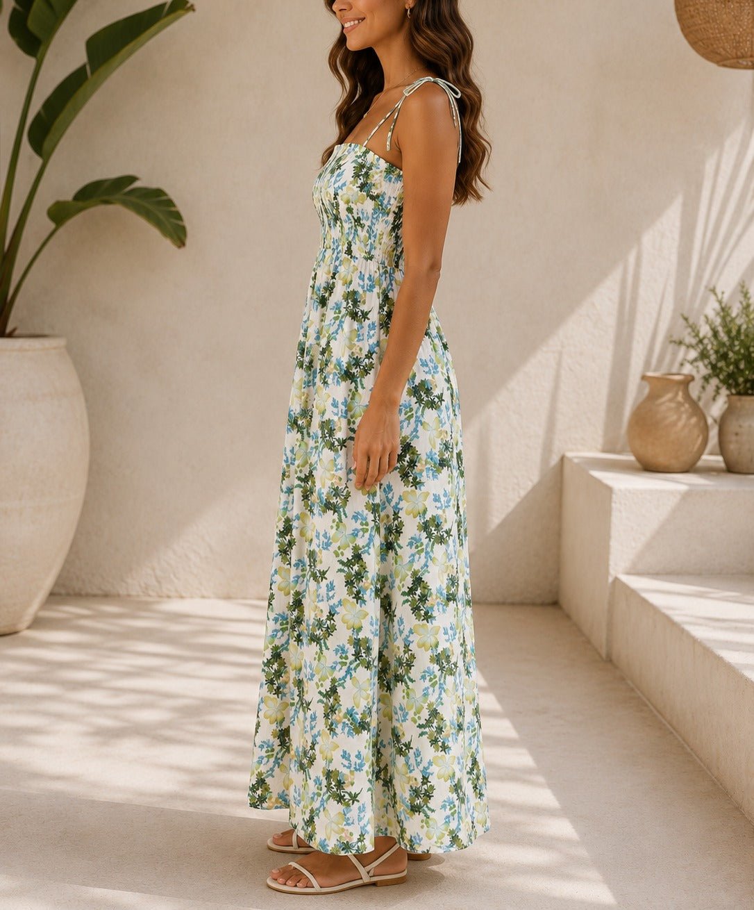 Ladies Floral Green Tie Shoulder Dress - StylePhase SA