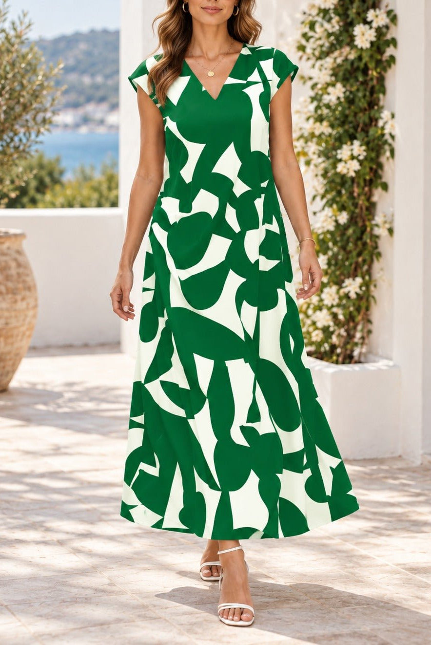 Ladies Green And White Cap Sleeve Maxi Dress - StylePhase SA