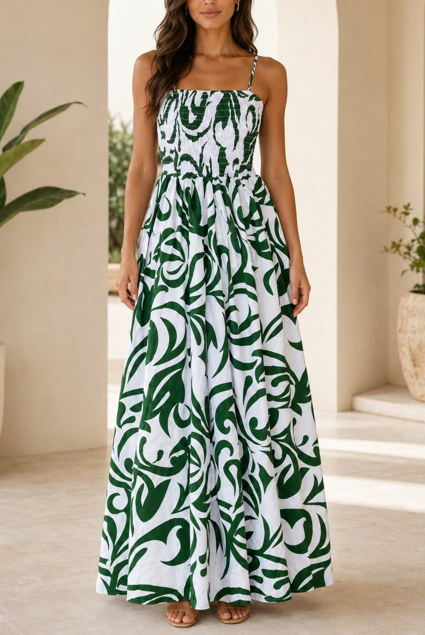 Ladies Green And White Patterned Maxi Dress - StylePhase SA