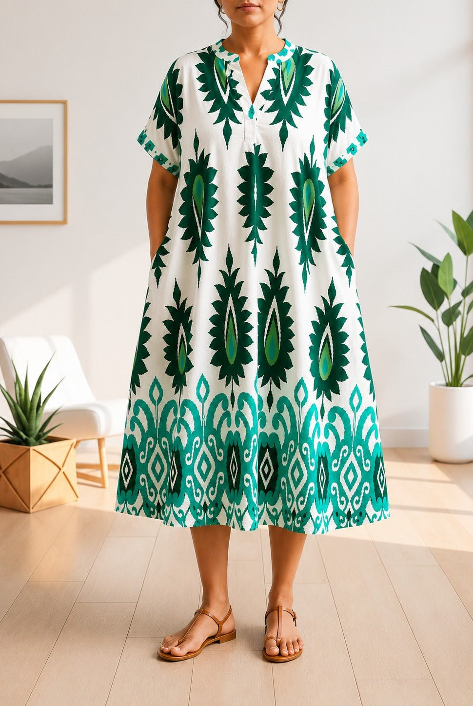 Ladies Green And White Printed Tunic Dress - StylePhase SA