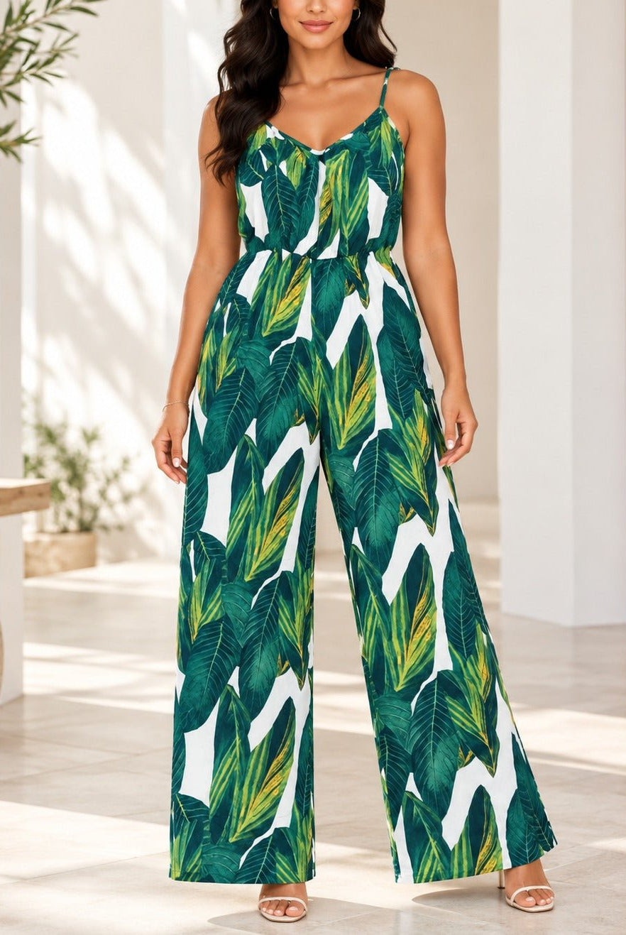 Ladies Green Leaf Print Strappy Jumpsuit - StylePhase SA