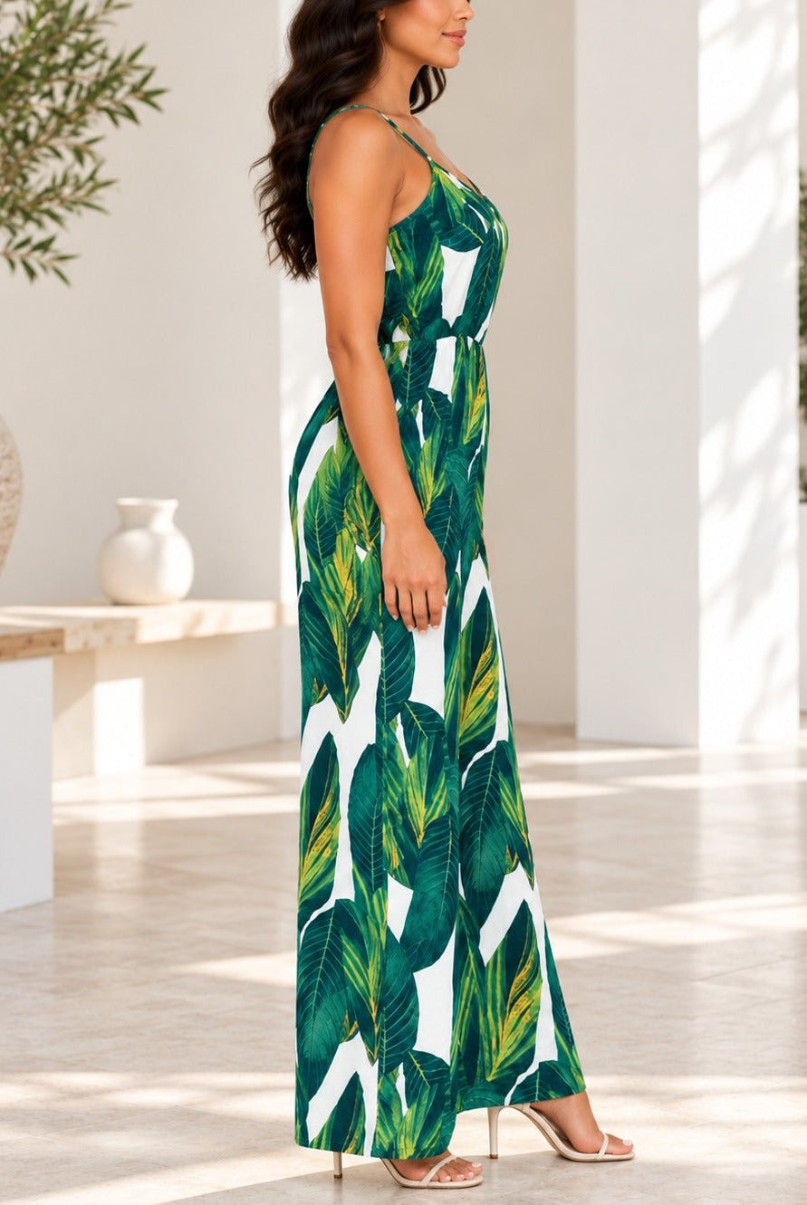 Ladies Green Leaf Print Strappy Jumpsuit - StylePhase SA