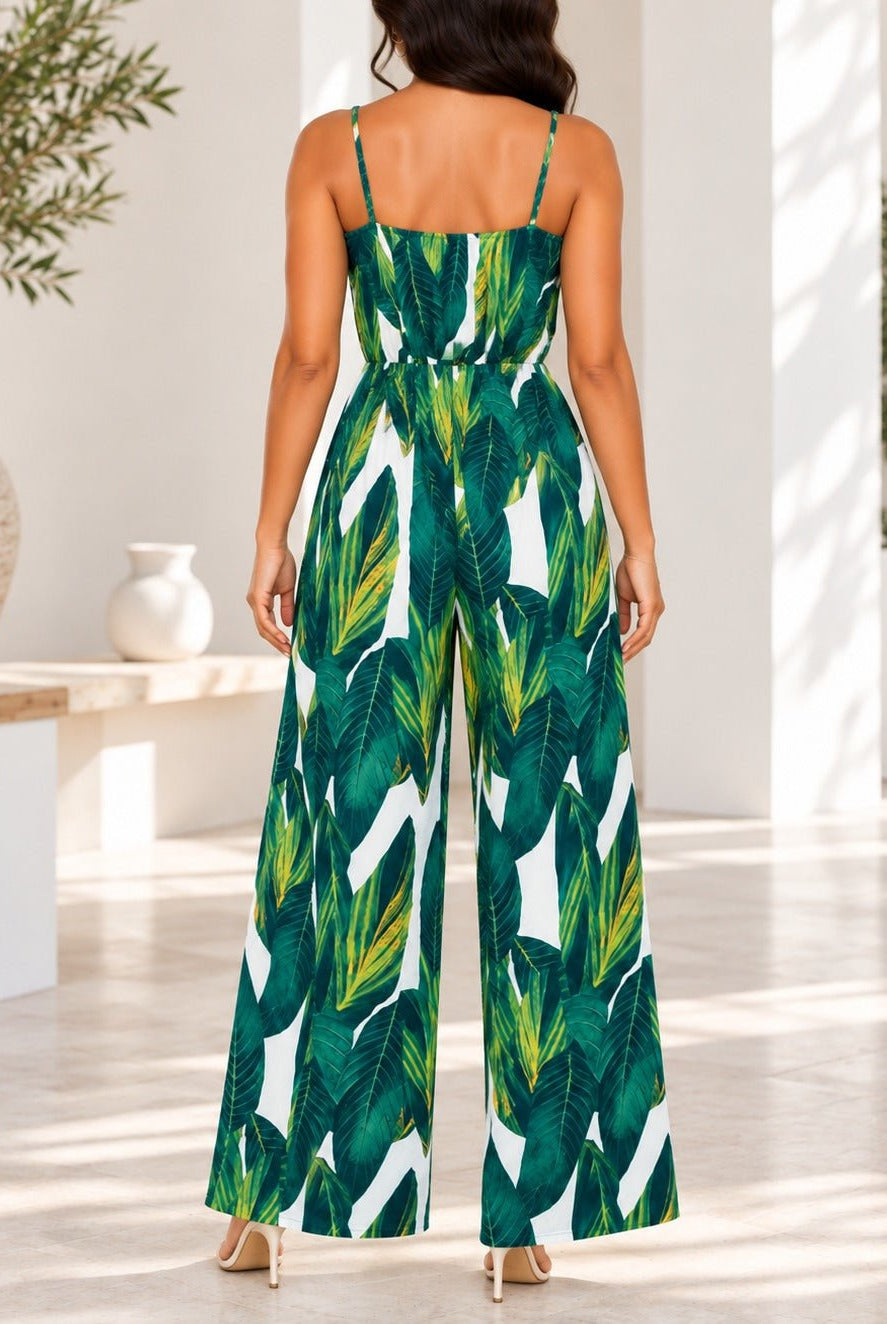 Ladies Green Leaf Print Strappy Jumpsuit - StylePhase SA