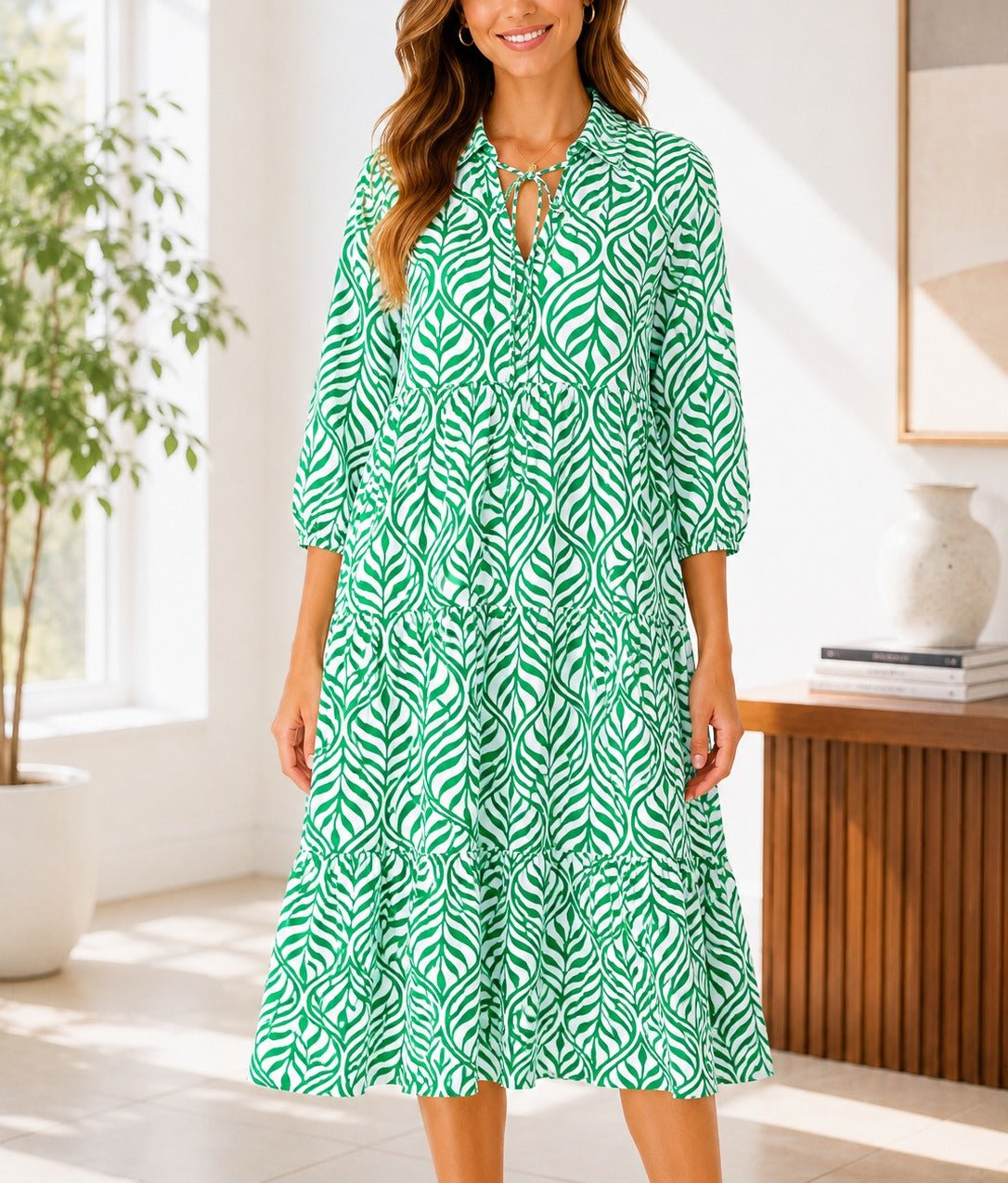 Ladies Green Leaf Print Tier Dress - StylePhase SA