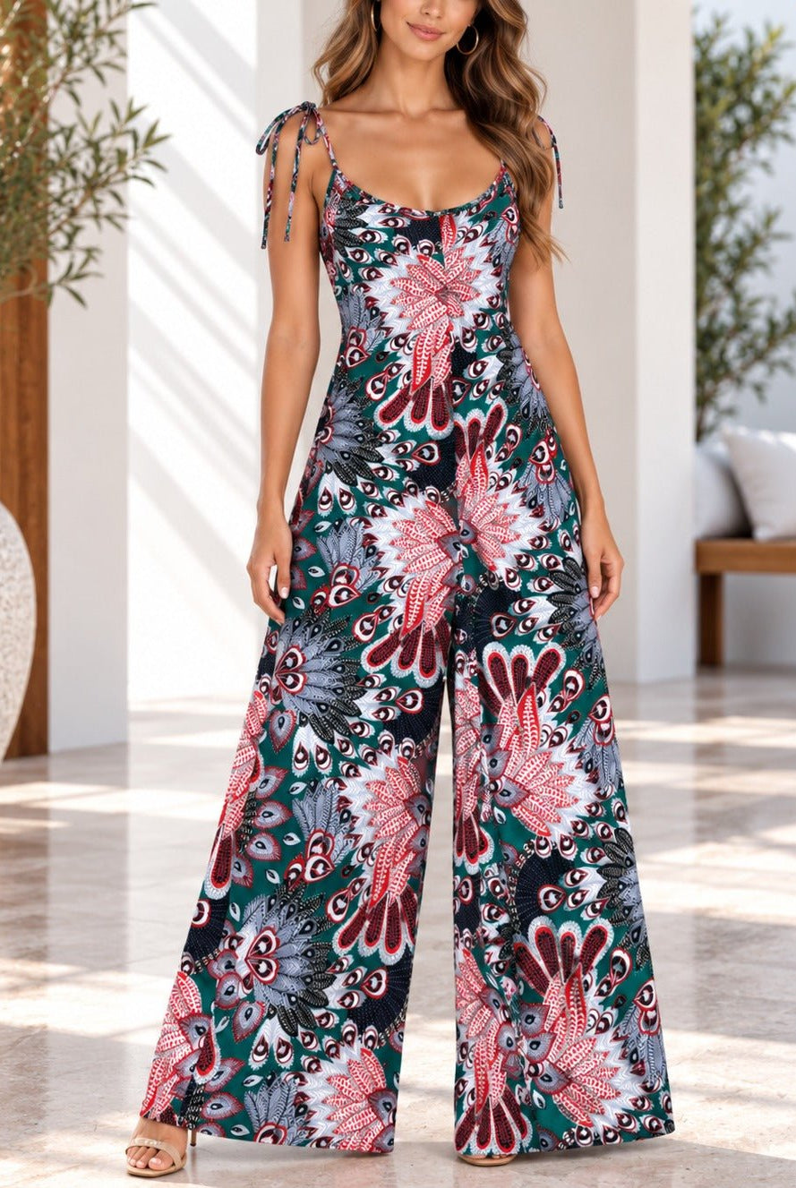 Ladies Green Paisley Print Tie Strap Jumpsuit - StylePhase SA