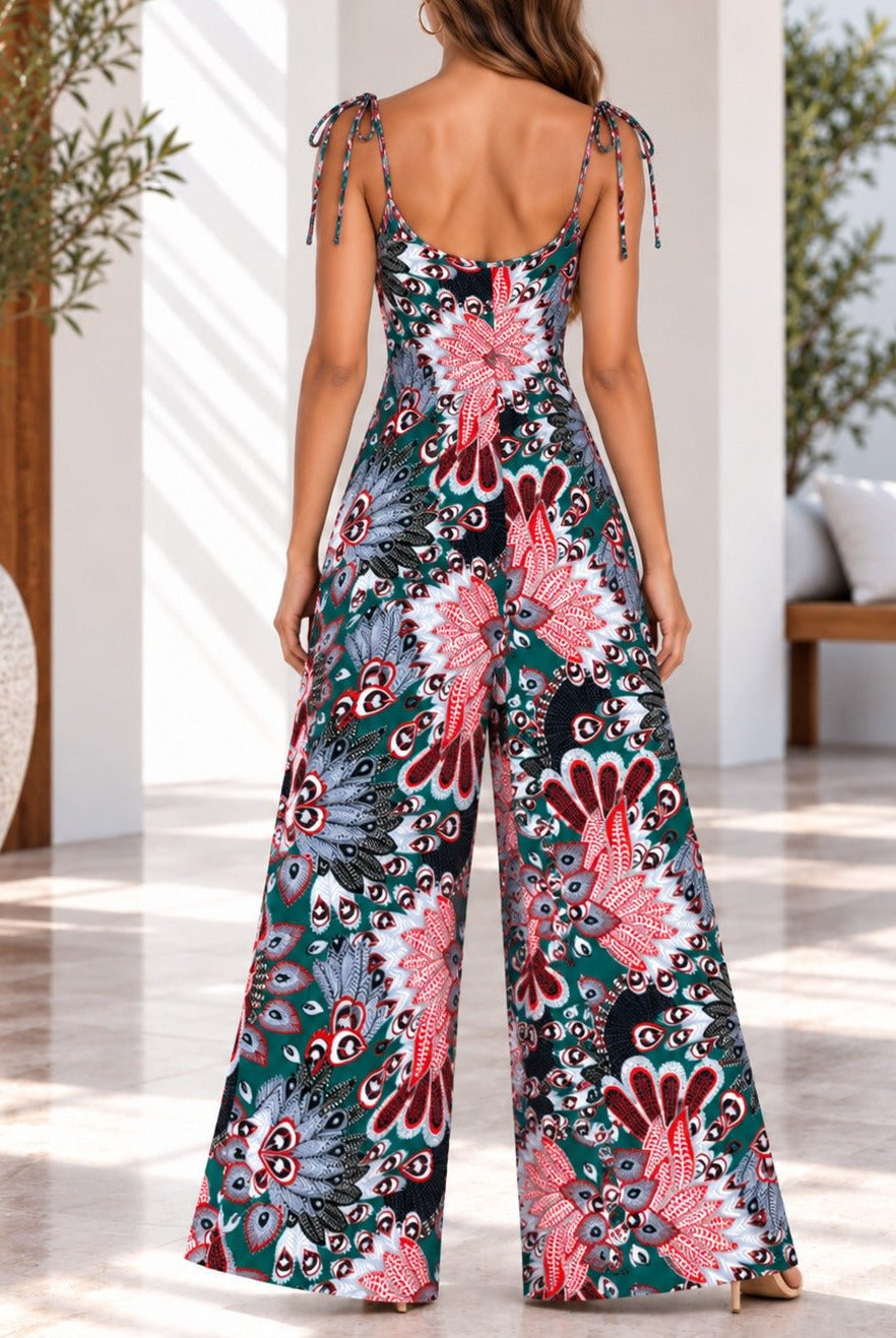Ladies Green Paisley Print Tie Strap Jumpsuit - StylePhase SA