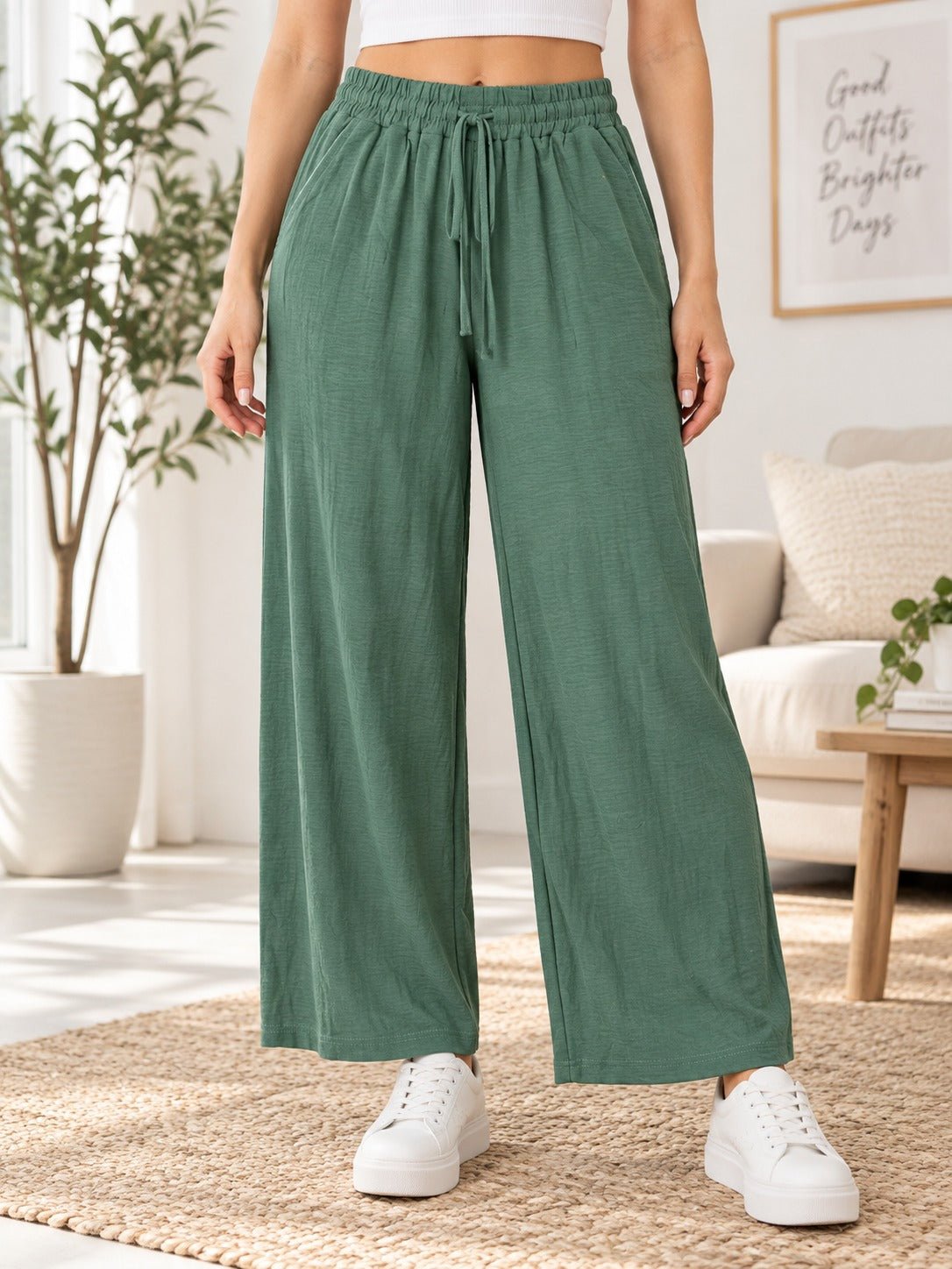 Ladies Green Wide Leg Drawstring Pocket Pants - StylePhase SA