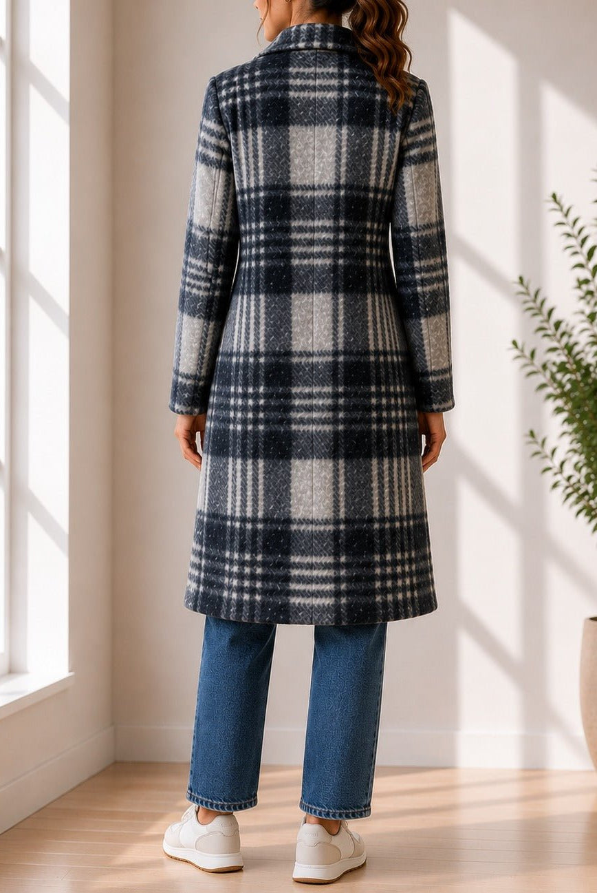 Ladies Grey Check Longline Double-Breasted Coat - StylePhase SA
