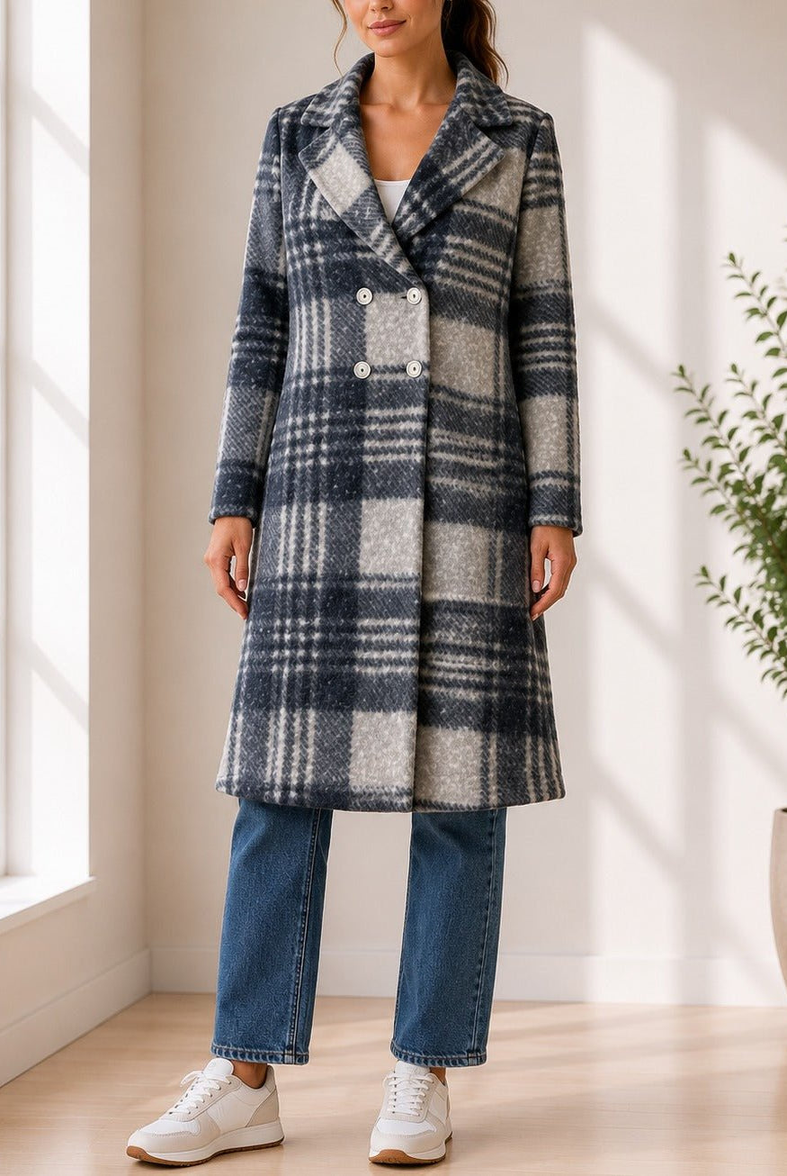Ladies Grey Check Longline Double-Breasted Coat - StylePhase SA