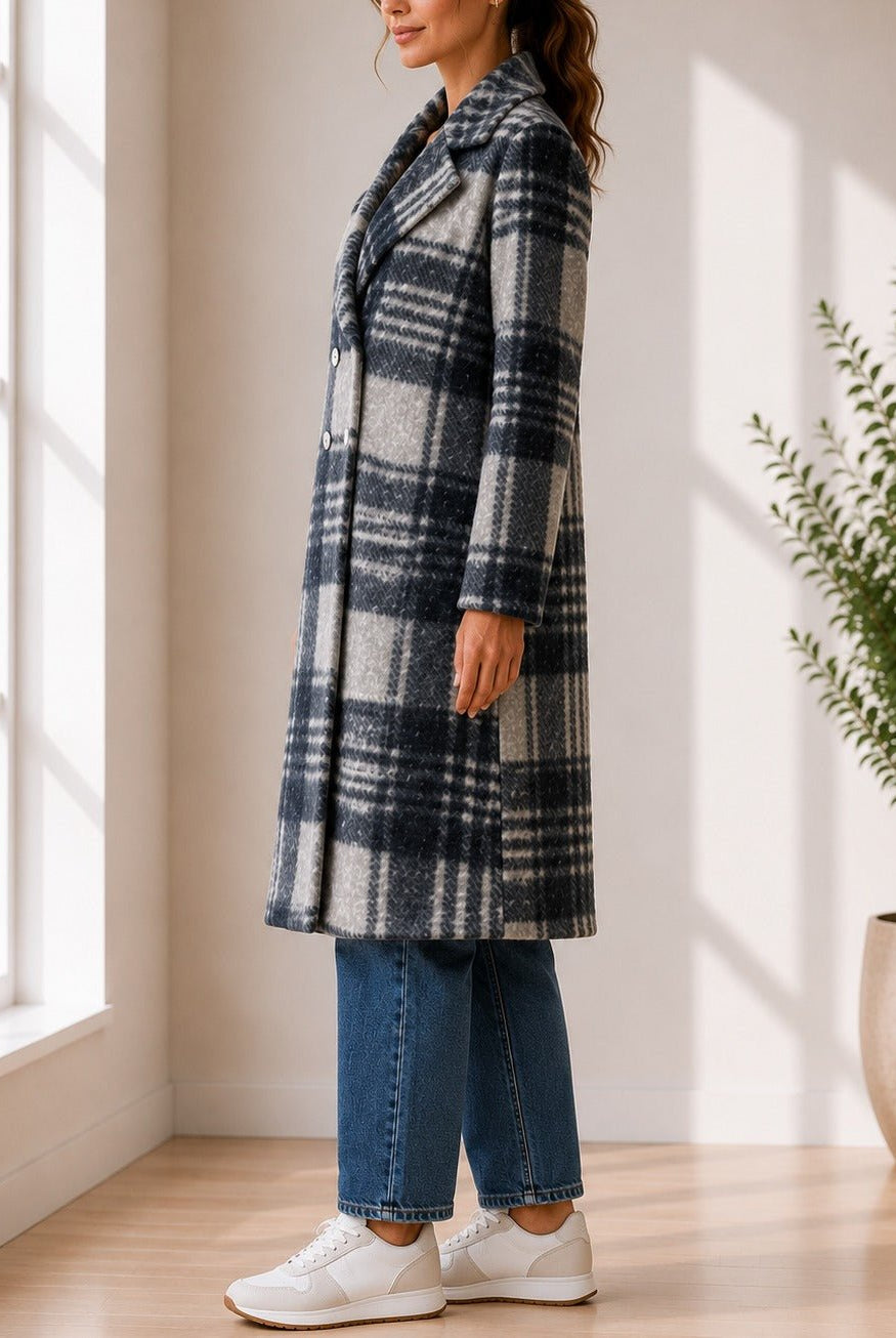 Ladies Grey Check Longline Double-Breasted Coat - StylePhase SA
