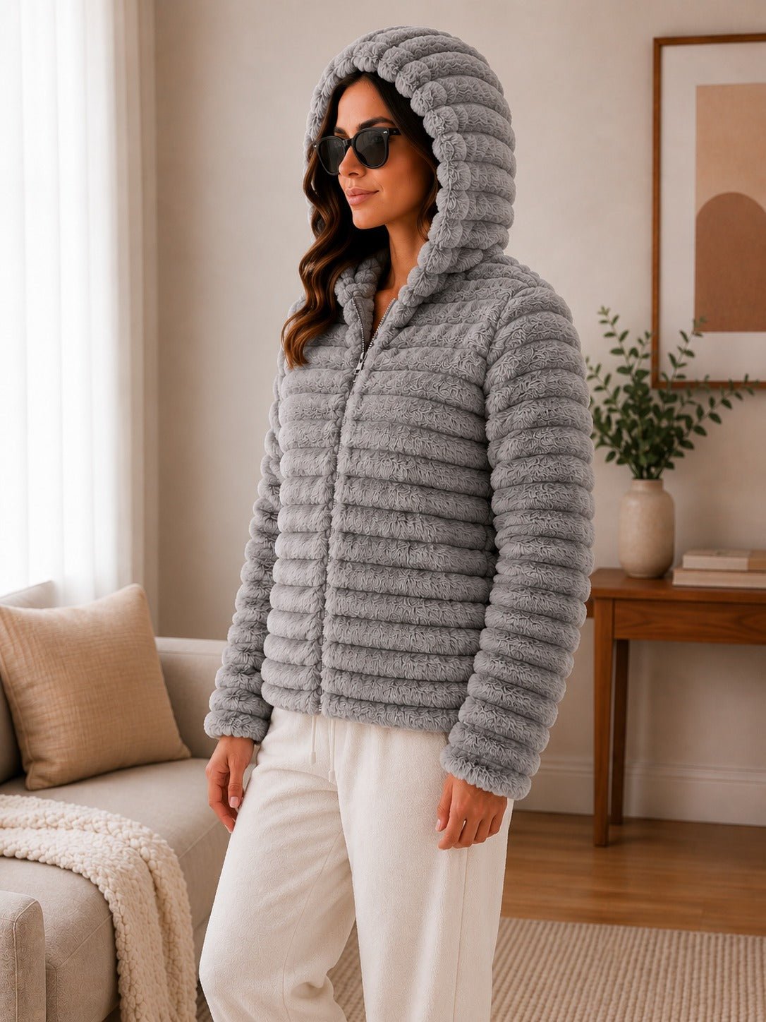 Ladies Grey Faux Fur Hoody Zip Jacket - StylePhase SA