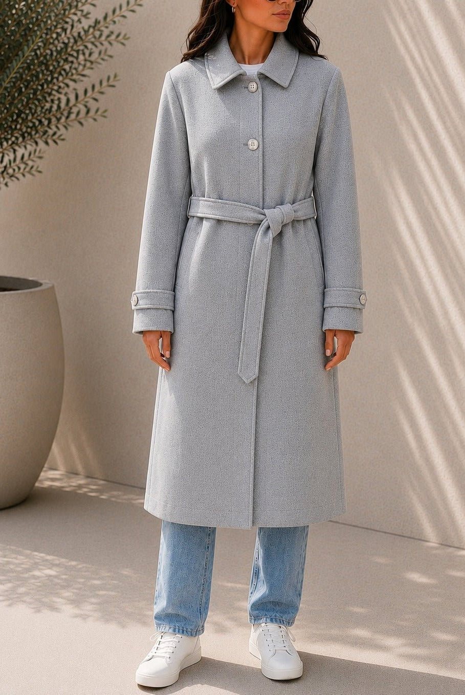 Ladies Grey Pleated Button Detail Melton Coat - StylePhase SA