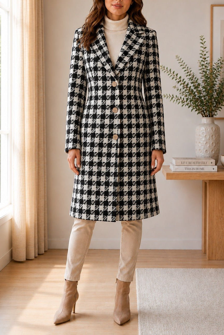 Ladies Houndstooth 3 Button Melton Coat - StylePhase SA