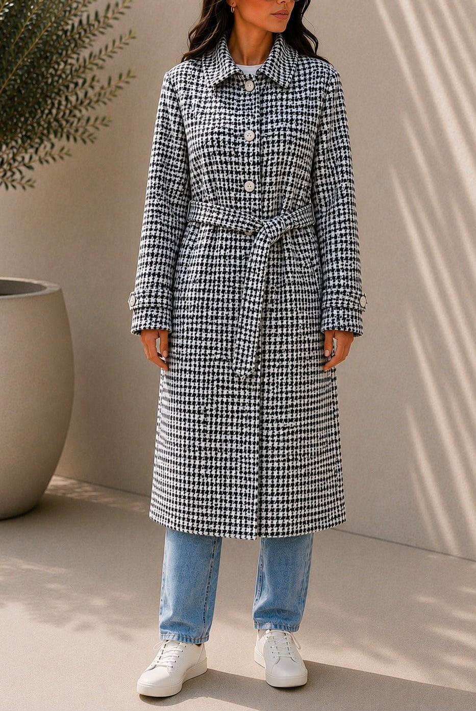 Ladies Houndstooth Pleated Button Detail Melton Coat - StylePhase SA