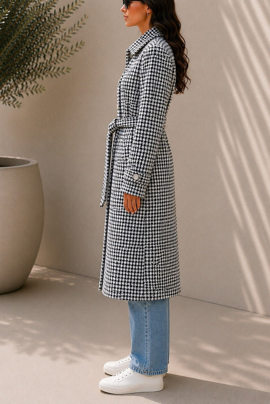 Ladies Houndstooth Pleated Button Detail Melton Coat - StylePhase SA