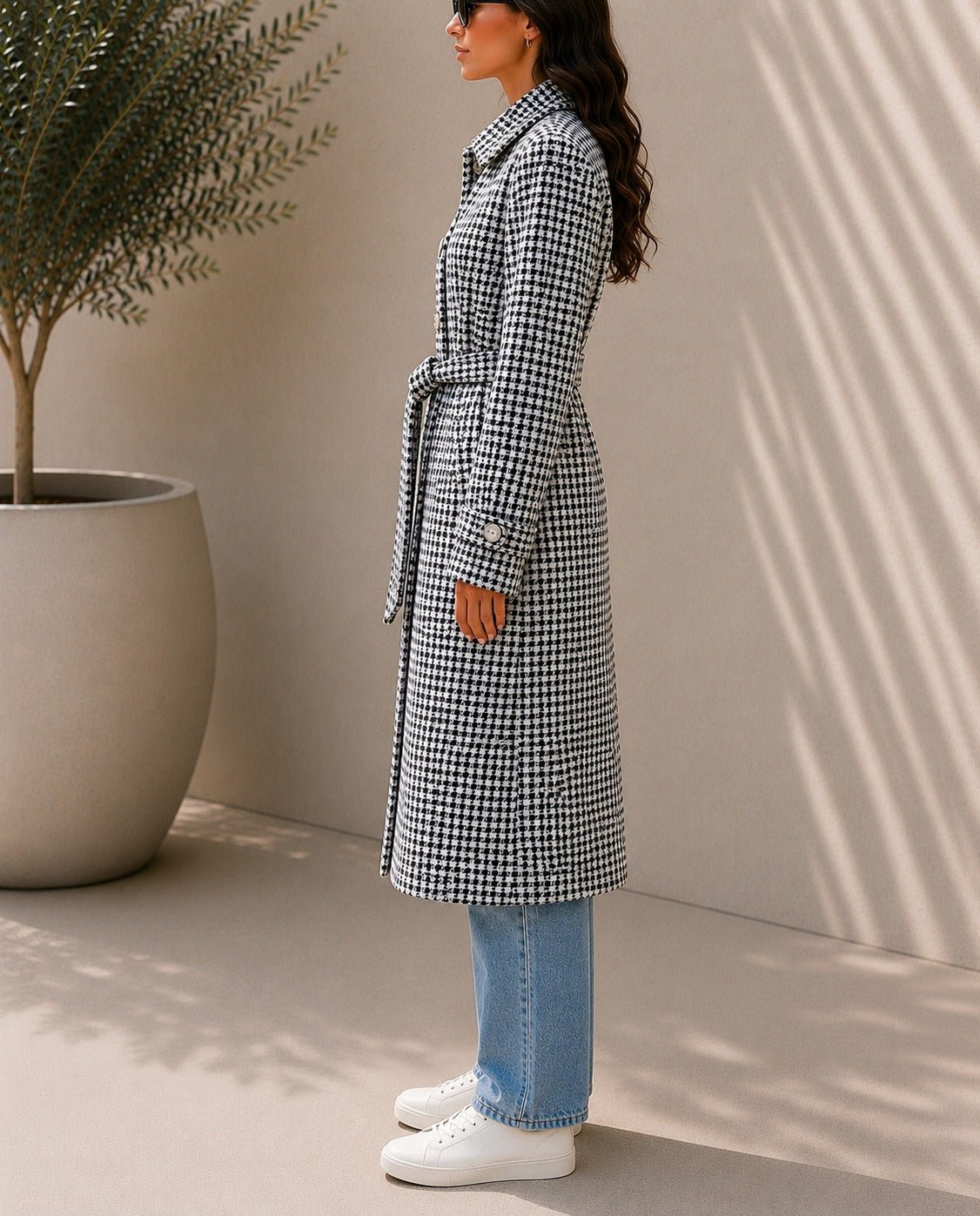 Ladies Houndstooth Pleated Button Detail Melton Coat - StylePhase SA