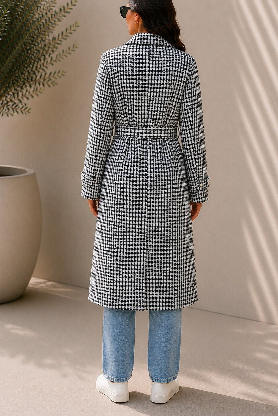 Ladies Houndstooth Pleated Button Detail Melton Coat - StylePhase SA