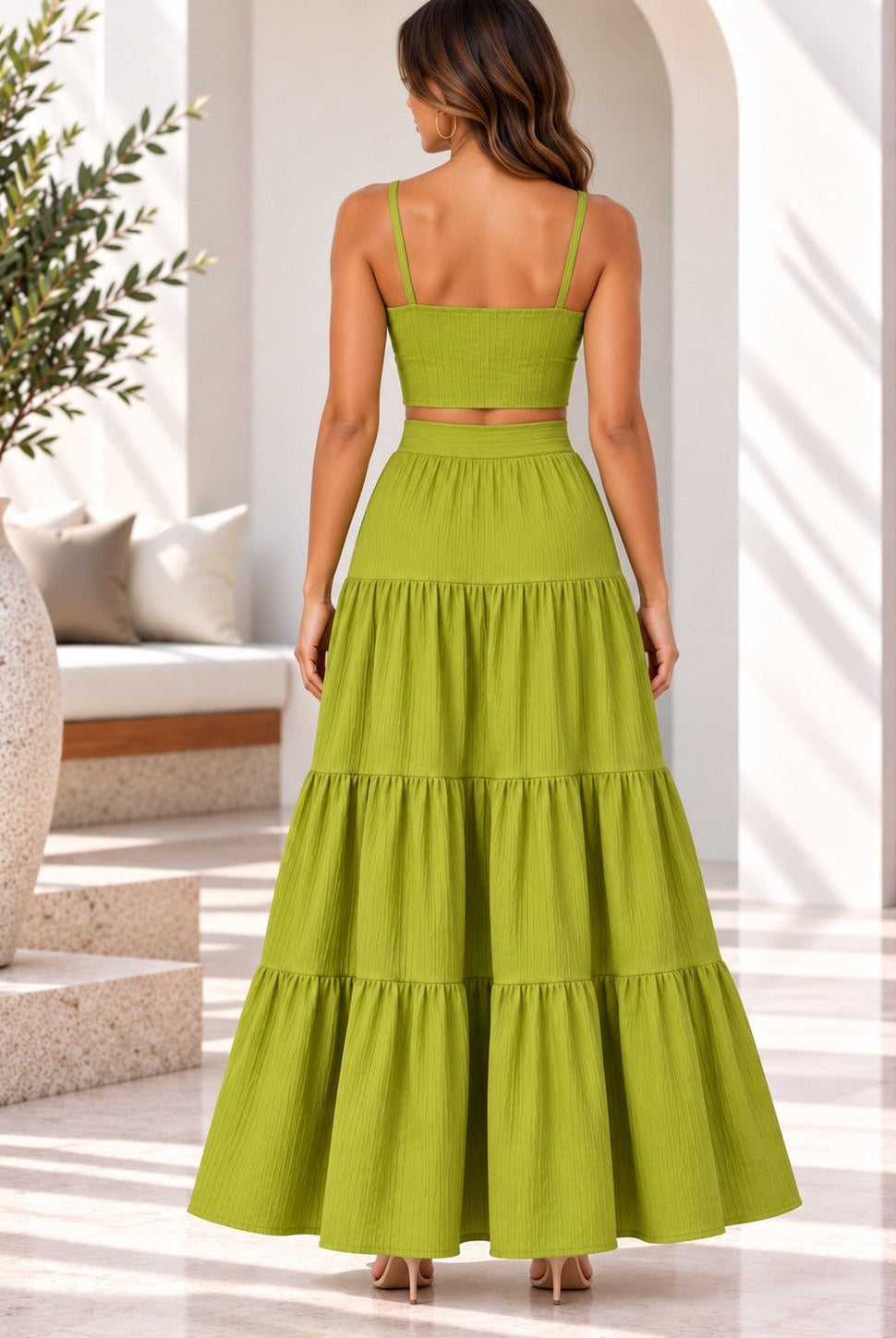 Ladies Lime Crop Cami And Tiered Maxi Skirt - StylePhase SA