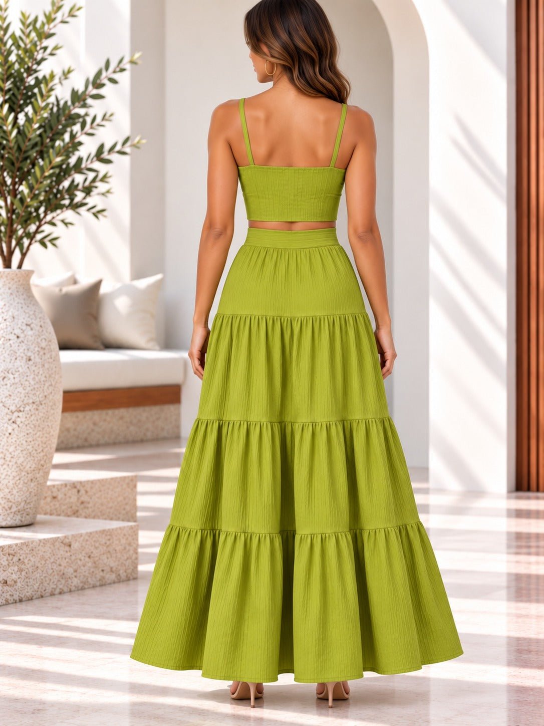 Ladies Lime Crop Cami And Tiered Maxi Skirt - StylePhase SA