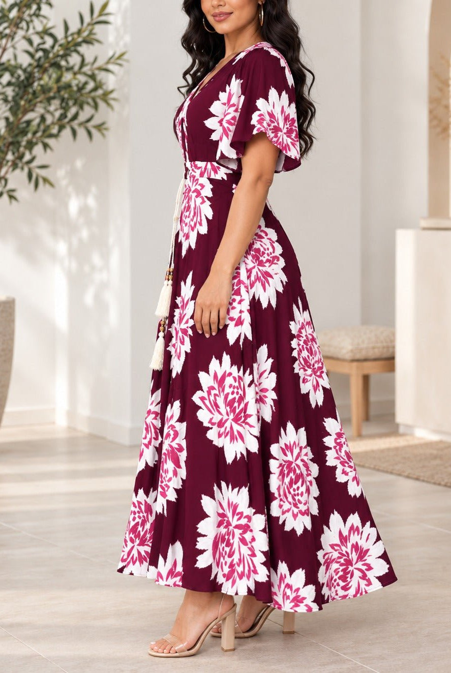 Ladies Maroon Floral Tassel Tie-Waist Midi Dress - StylePhase SA