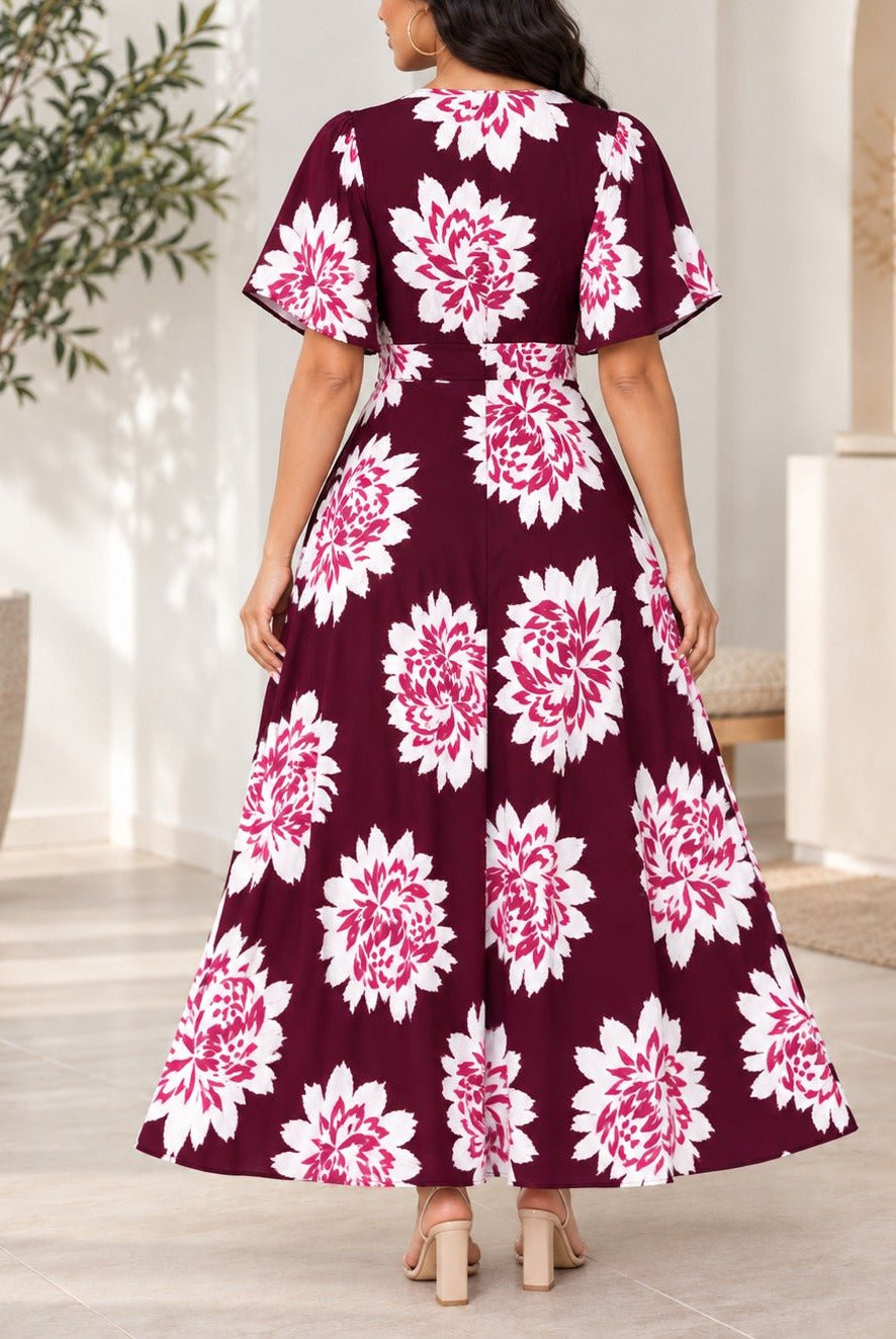 Ladies Maroon Floral Tassel Tie-Waist Midi Dress - StylePhase SA