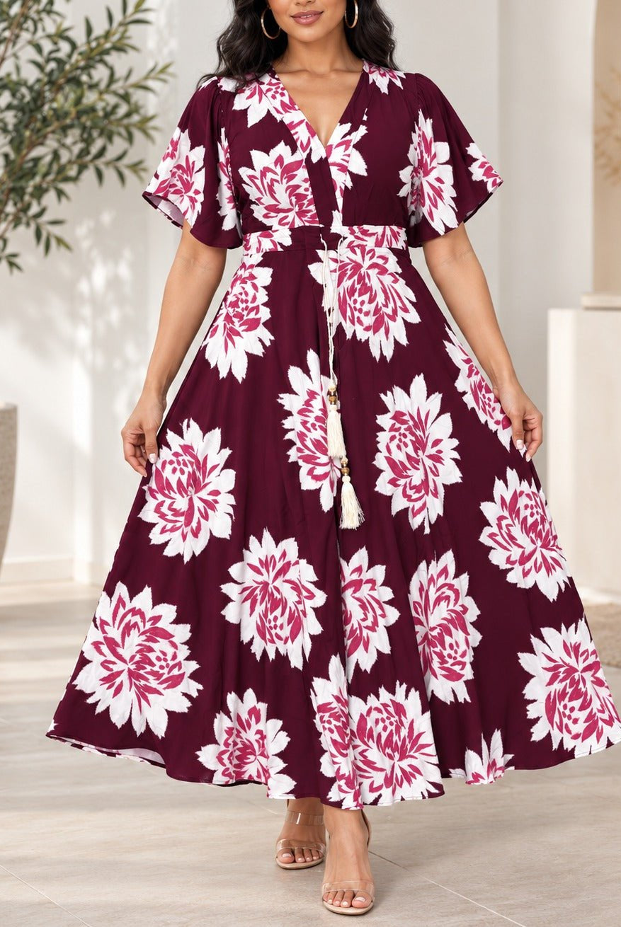 Ladies Maroon Floral Tassel Tie-Waist Midi Dress - StylePhase SA