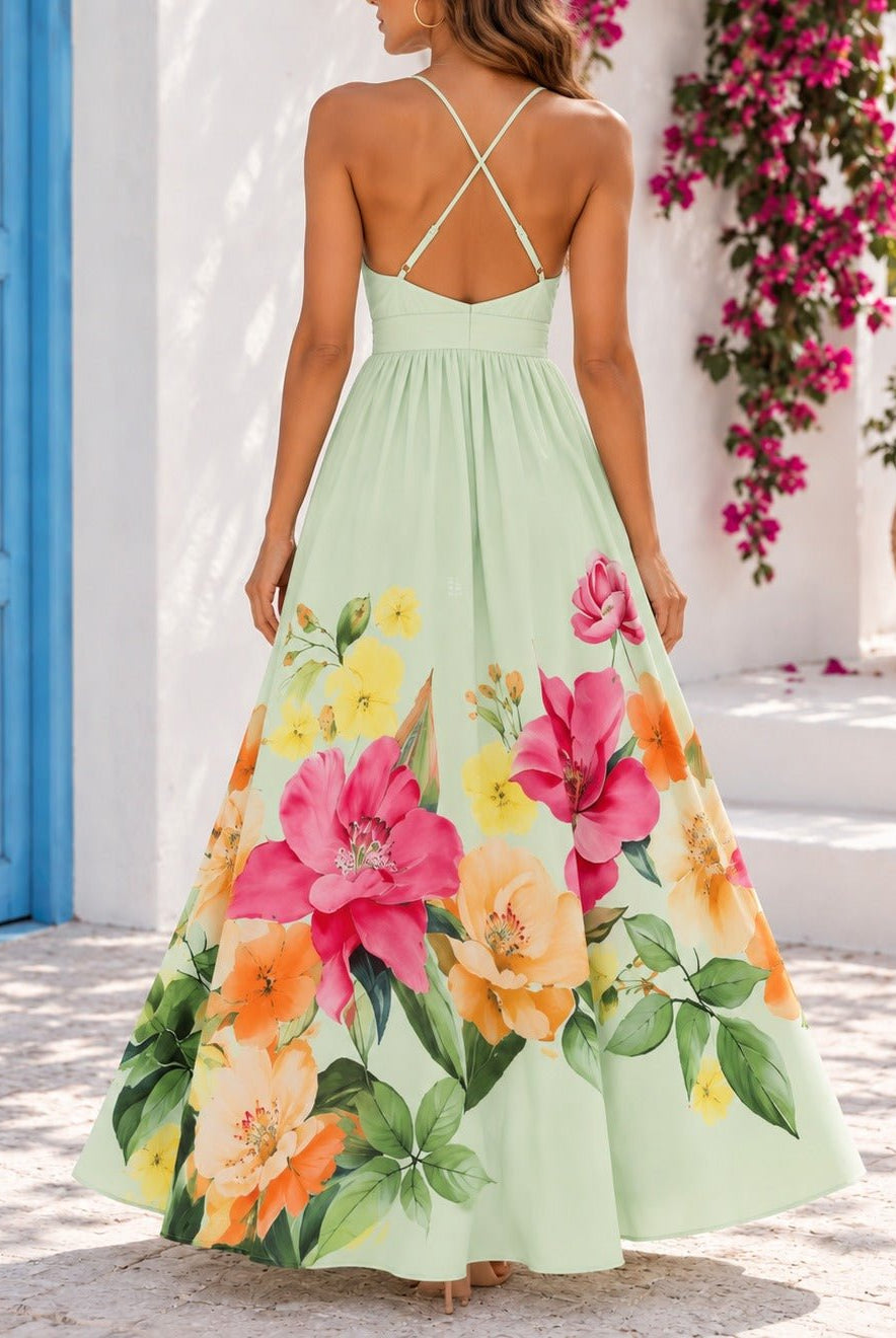 Ladies Mint Floral Deep V-Neck Maxi Dress - StylePhase SA