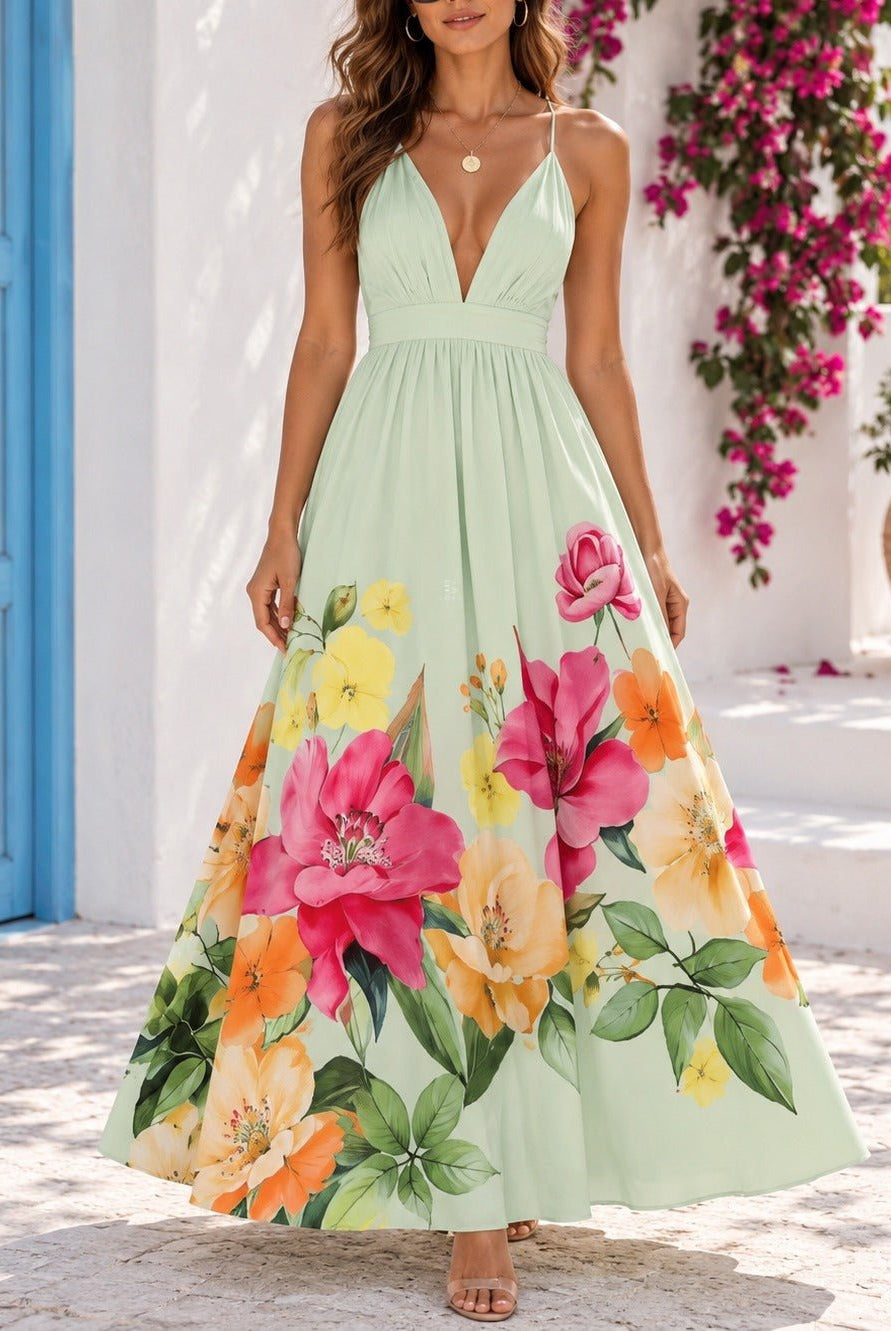 Ladies Mint Floral Deep V-Neck Maxi Dress - StylePhase SA