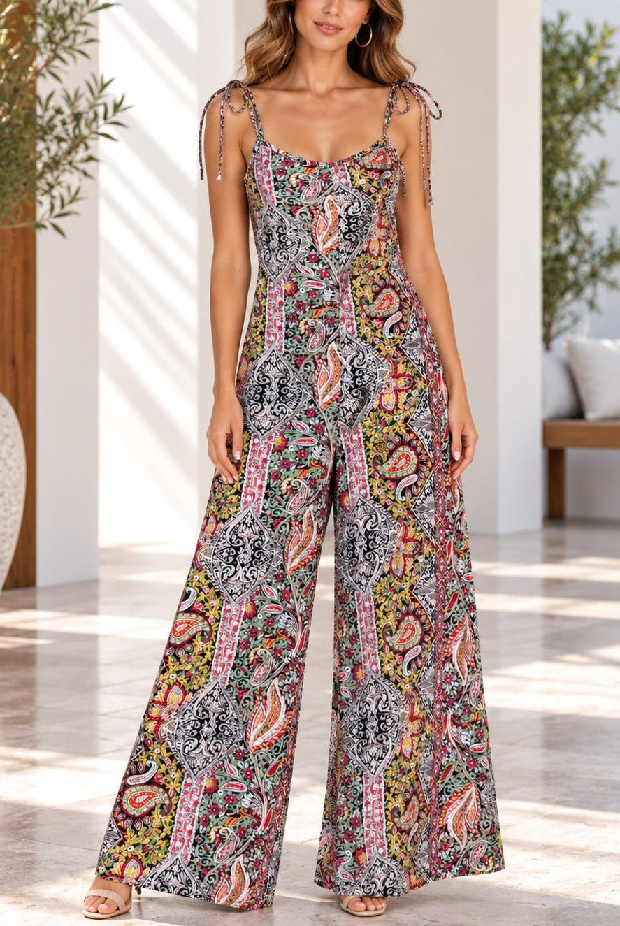 Ladies Multi Color Paisley Print Tie Strap Jumpsuit - StylePhase SA