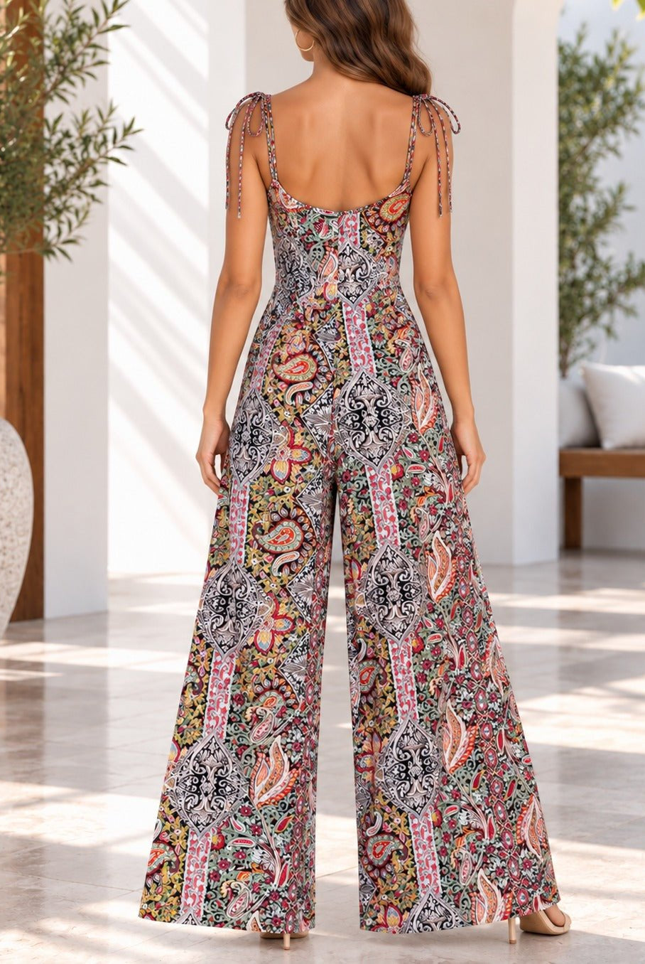Ladies Multi Color Paisley Print Tie Strap Jumpsuit - StylePhase SA