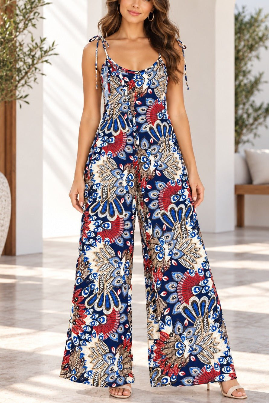 Ladies Navy Paisley Print Tie Strap Jumpsuit - StylePhase SA