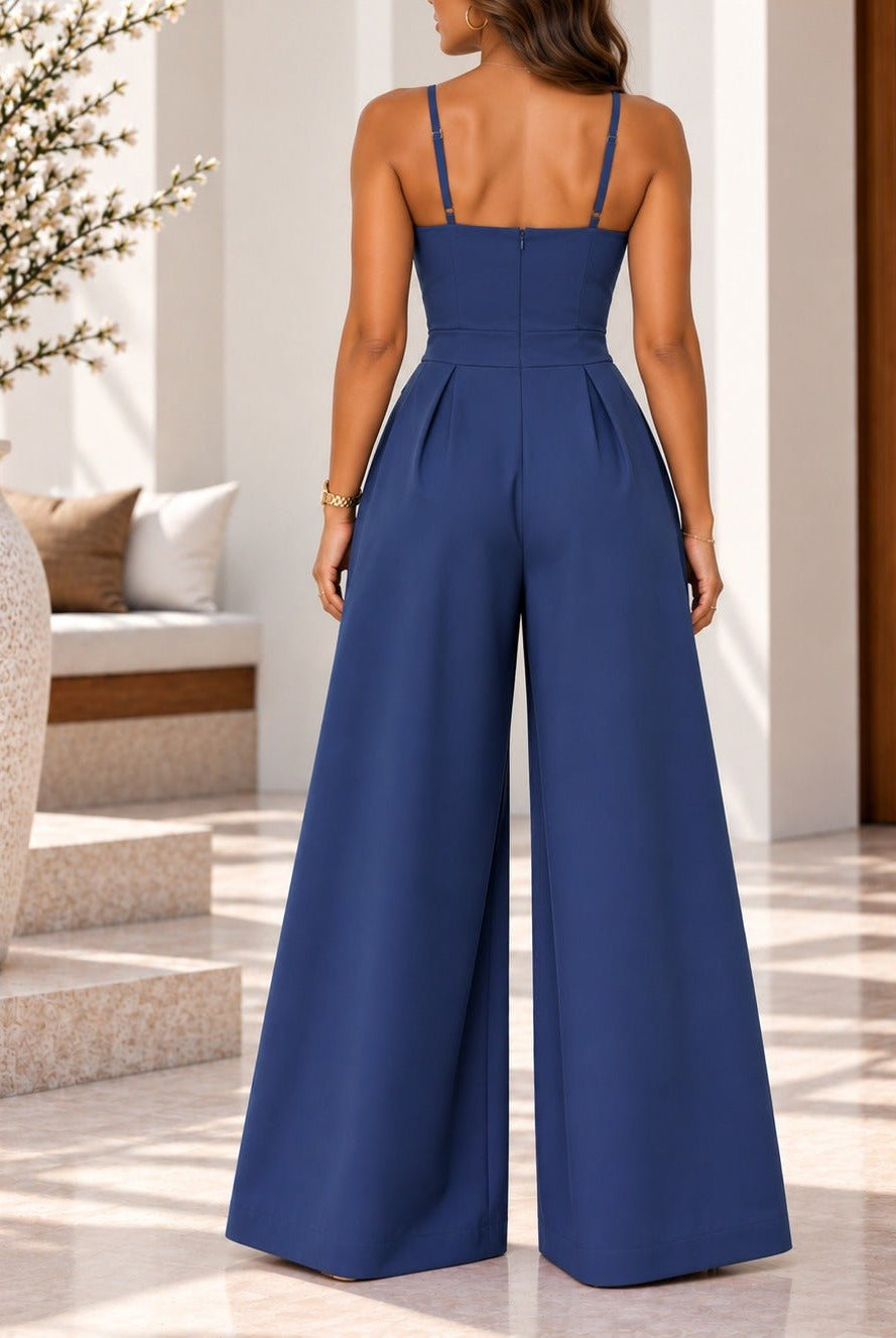 Ladies Navy Pleated Wide Leg Button Detail Jumpsuit - StylePhase SA