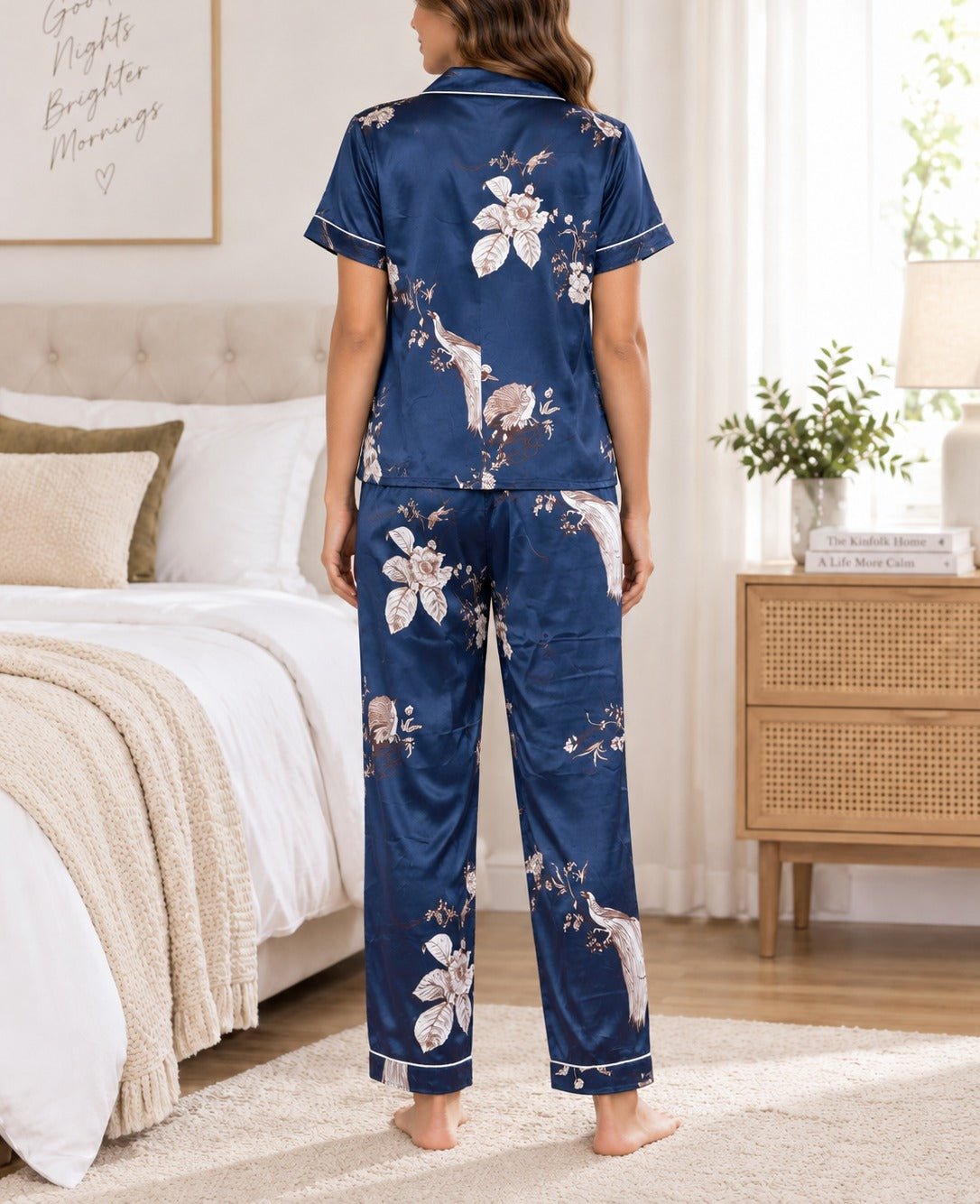 Ladies Navy Satin Floral Printed Pyjama Set - StylePhase SA