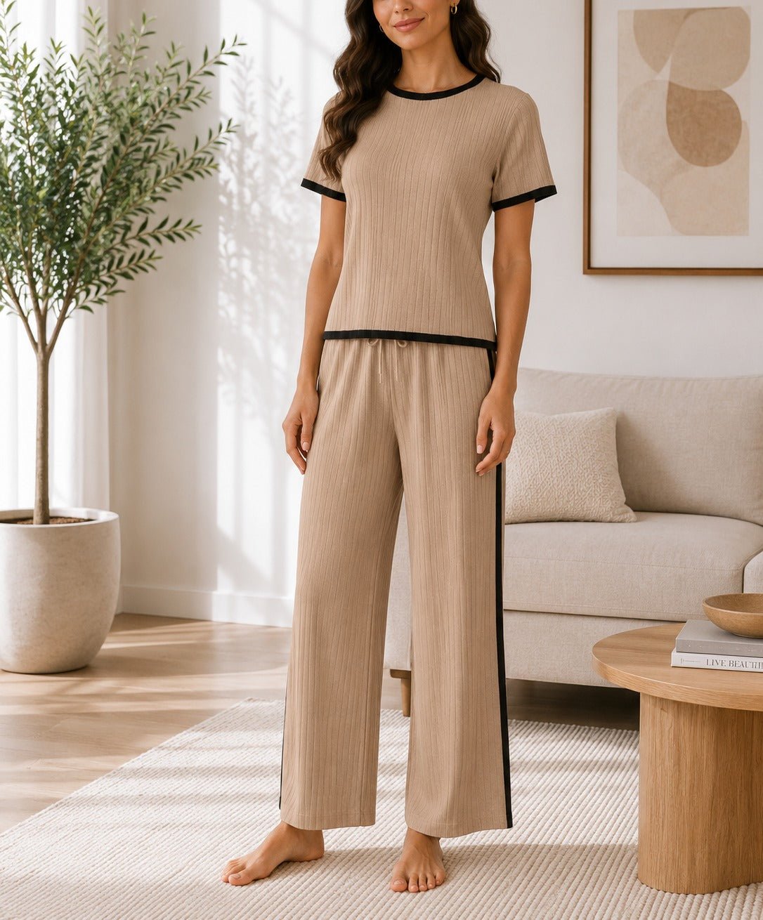 Ladies New Feeling Beige and Black Ribbed Set - StylePhase SA