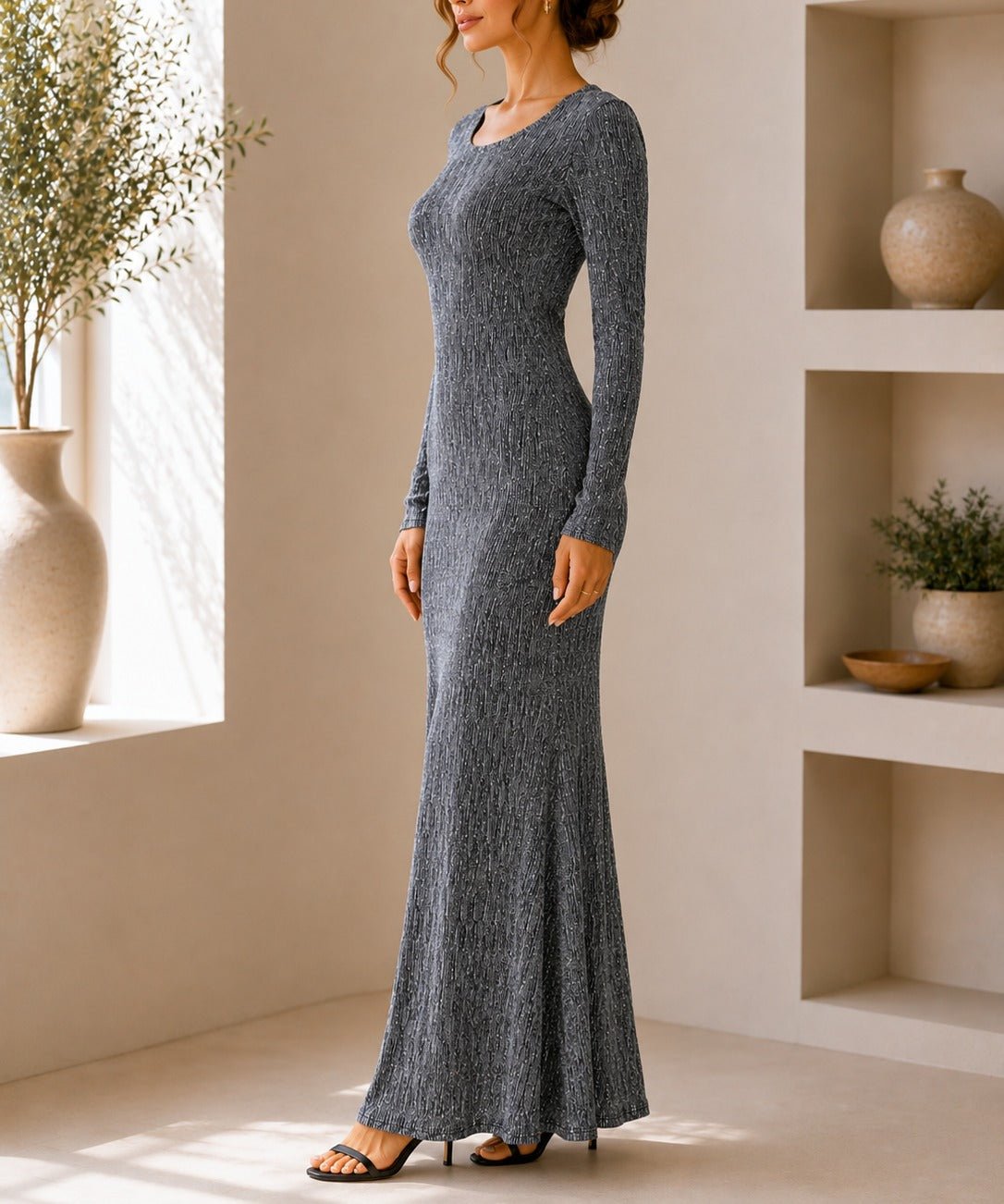 Ladies New Feeling Long Sleeve Embossed Dress-Silver - StylePhase SA