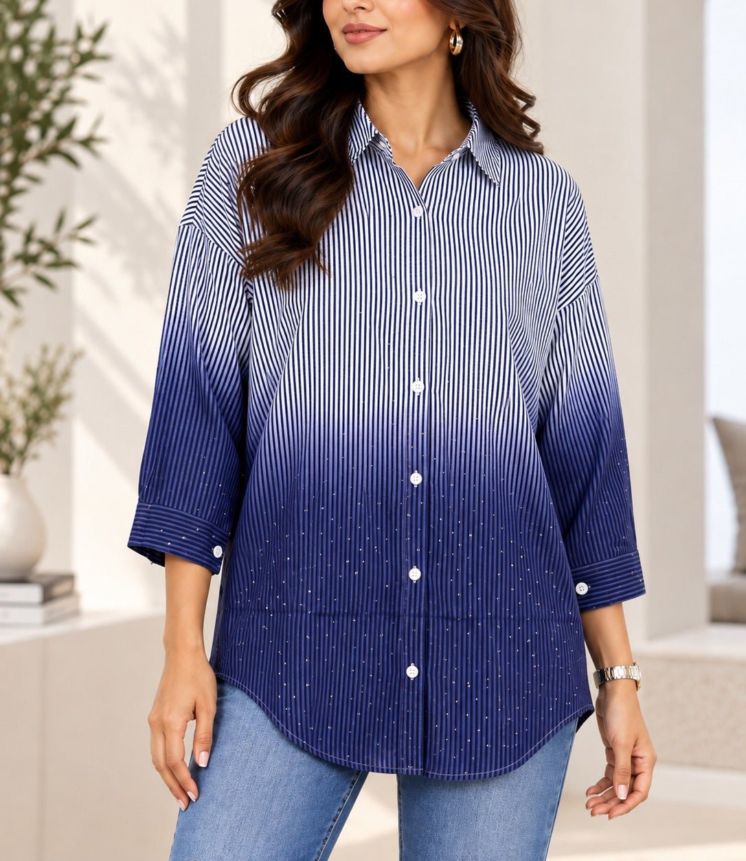 Ladies New Feeling Navy Striped Rhinestone Shirt - StylePhase SA