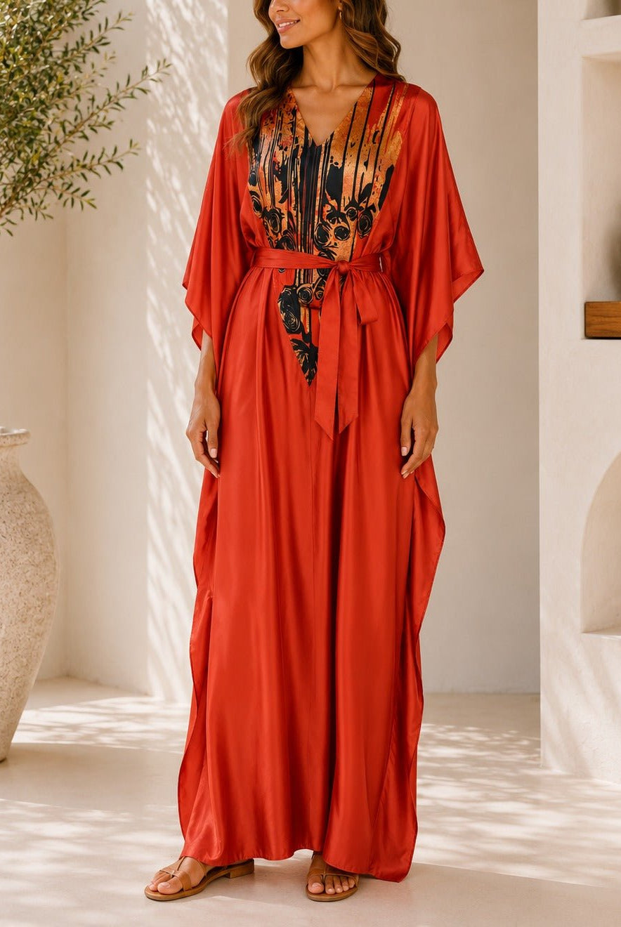 Ladies New Feeling Orange Satin Printed Kaftan - StylePhase SA